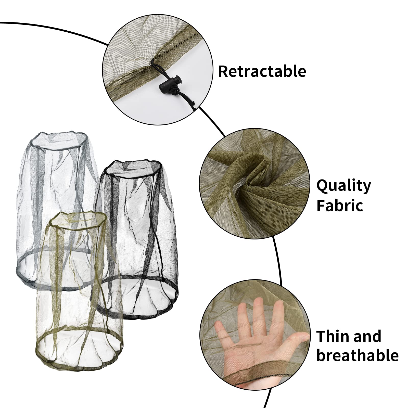 Rete per Testa a Rete 3 Pezzi, Rete di Protezione per Testa di Zanzara, Copertura per Rete a Rete per Il Viso, Rete Anti Insetti per Apicoltore Escursionismo Campeggio (Nero+Verde+Grigio)