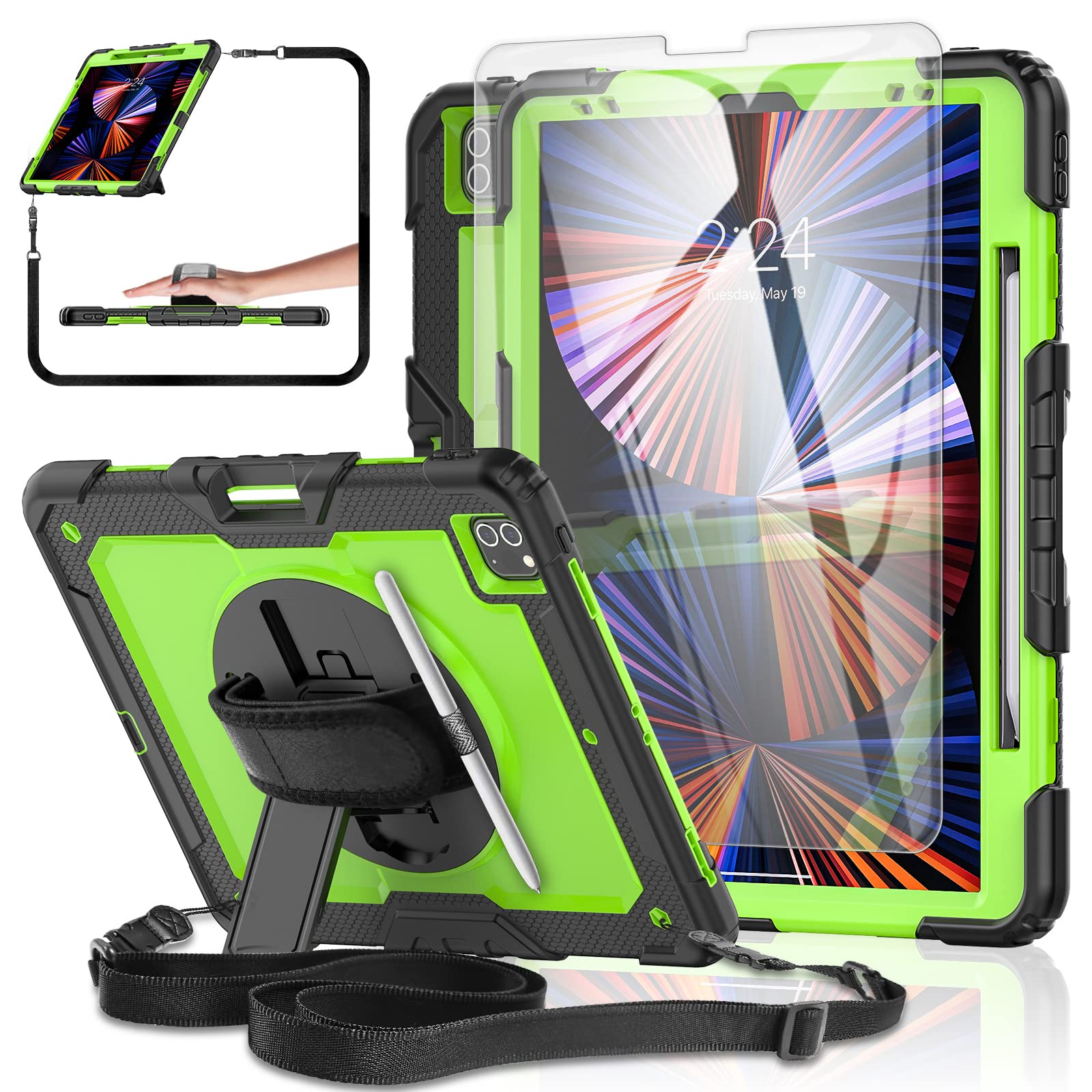 iPad Pro 12.9-inch 6th/5th/4th Gen Case 2022/2021/2020 [with Tempered Glass Screen Protector], [Kids Proof] BASE MALL Tablet Protective Case, Pencil Holder, Rotating Kickstand, Shoulder Strap (Green)