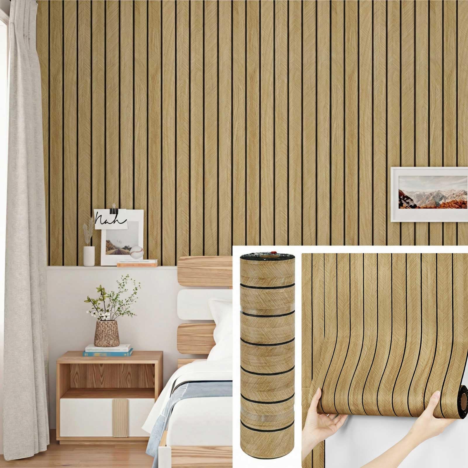 Paneles De Pared Autoadhesivos Marron Claro 3D Efecto Madera Para Sala De Estar Salon Dormitorio Paneles Decorativos Para Pared Paneles De Pared Espuma Acusticaen PVC Rollo 30cm x 300cm