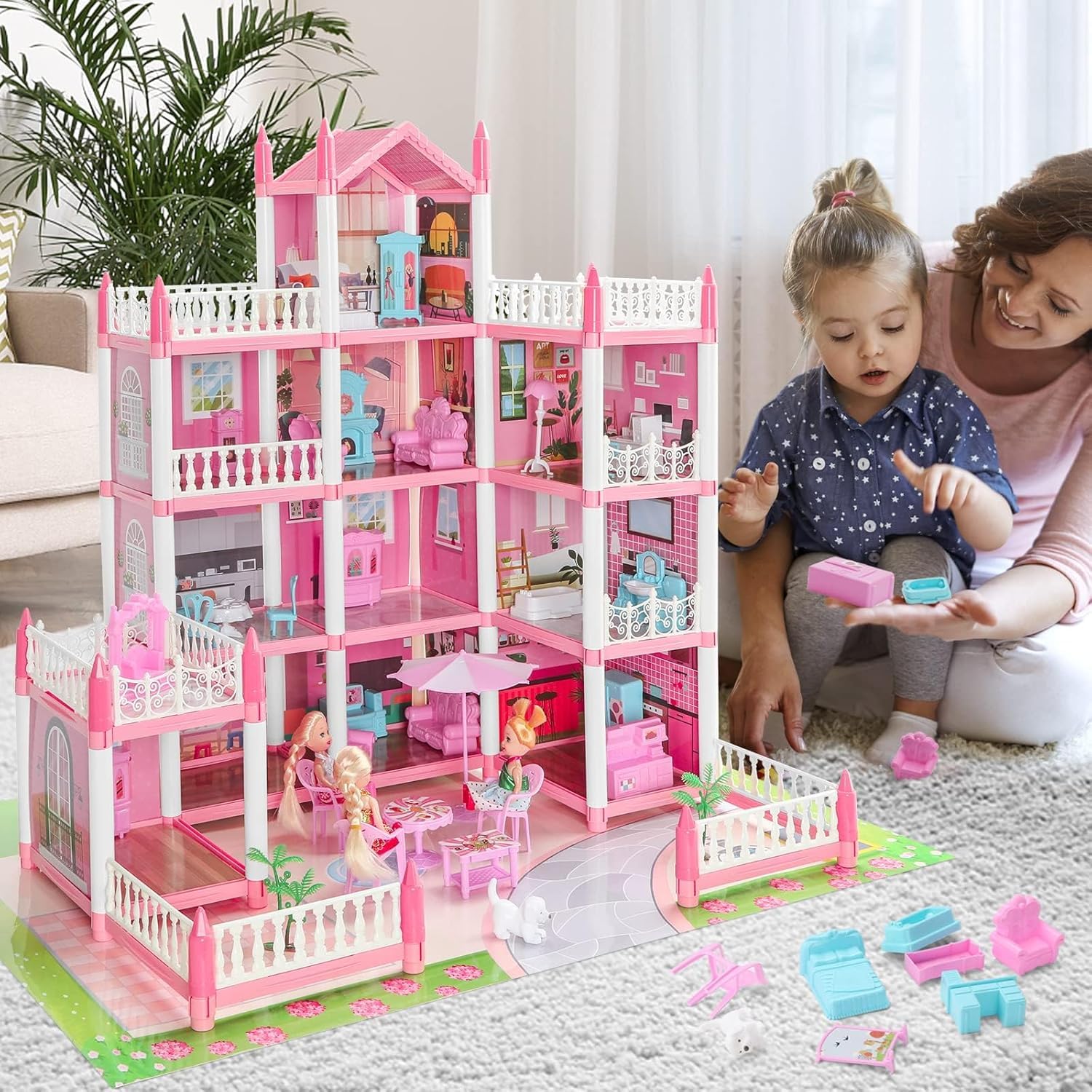 Riderev Doll House,Dream House for Girls Pretend-Play DIY Dollhouse Kit,3-Story 9 Rooms Playhouse with 3 Dolls Toy Figures, Furniture and Accessories Set Gift Toy for Kids Ages 3 4 5 6 7 8+ 2