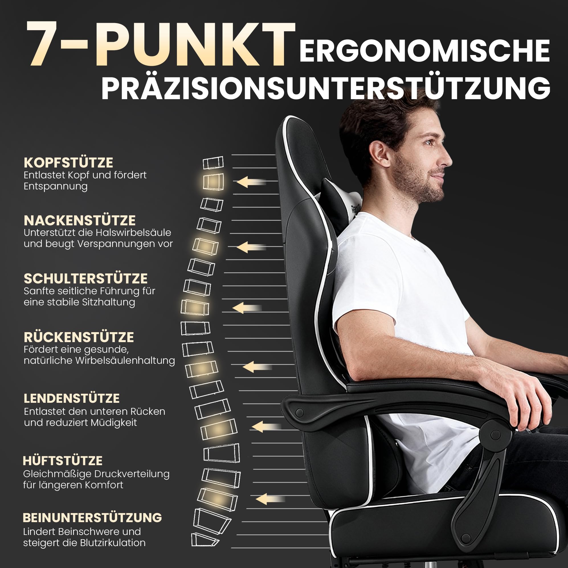 Gaming Stuhl Chair Gamer Sessel - Ergonomischer Gamer Stuhl mit Fußstütze Kopfstütze und Lordosenstütz Höhenverstellbar Gepolstert Gamingstuhl 200 Kg Schwarz