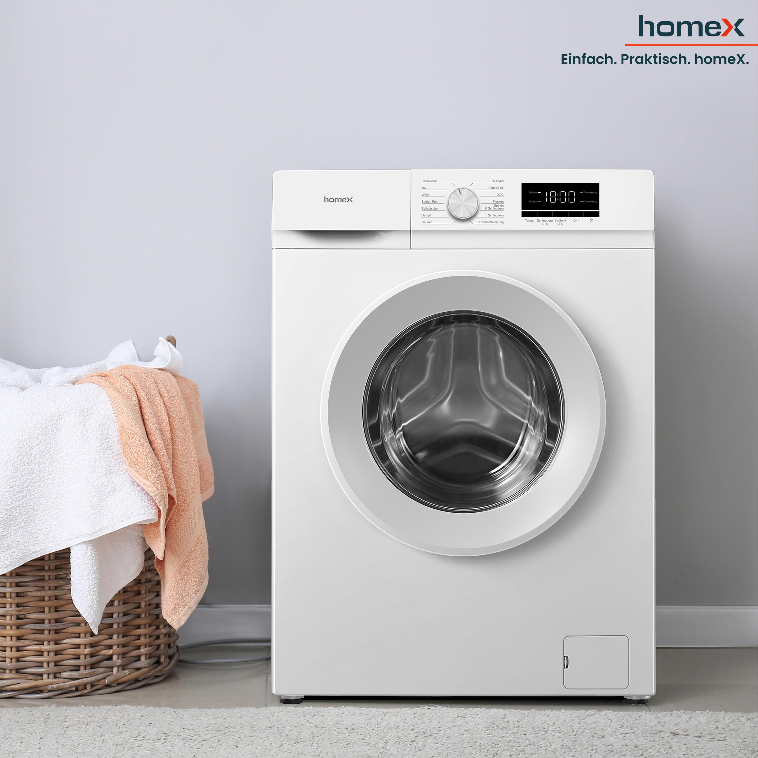 homeX Waschmaschine 6kg Frontlader 1000 U/Min Energieklasse A AquaStop Inverter Motor 14 Programme 74 dB 39 cm Tiefe 90°C weiß WF610K1A-W