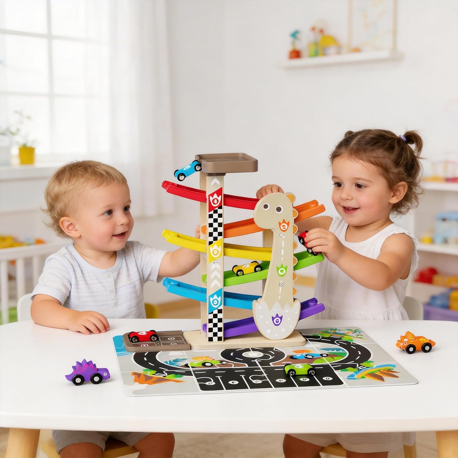 Toys for 2 Year Old Boy, Dinosaur Themed Wooden Car Ramp, Gifts for 1 2 3 4 Year Old Toddler