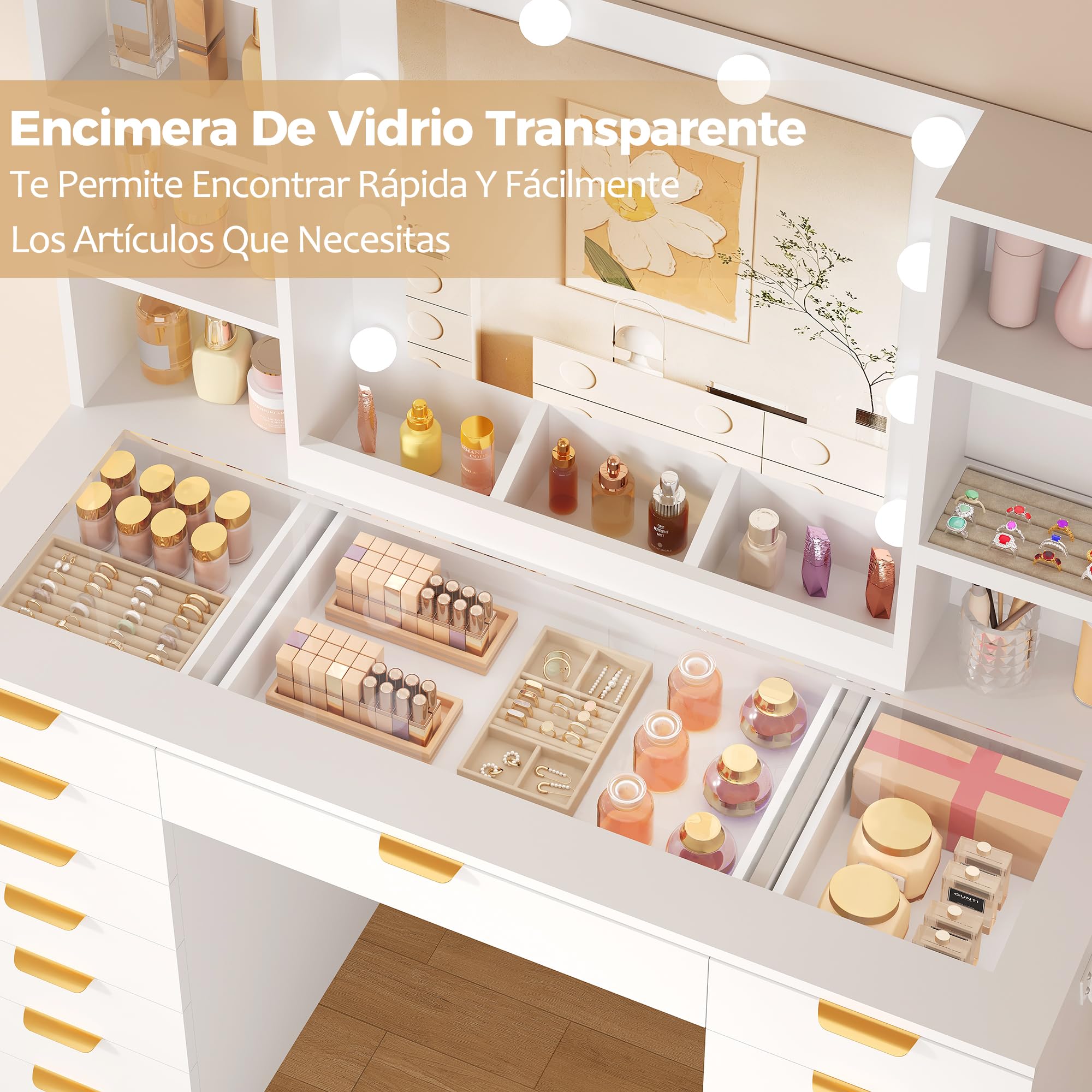 Grande Tocador de Maquillaje con Luz LED y Espejo,Vidrio,Enchufes
