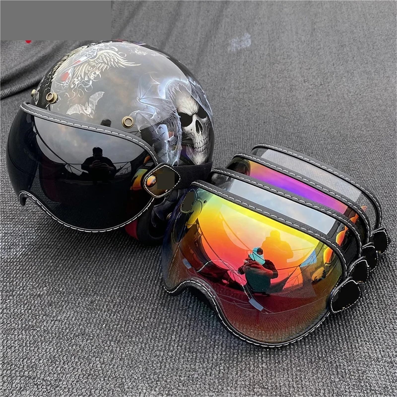 visera casco moto Gafas de motocicleta, cascos media cara con visera burbuja, parabrisas anti-UV, lentes casco abierto coloridos Accesorio Ajustable para Casco Integral(Black)