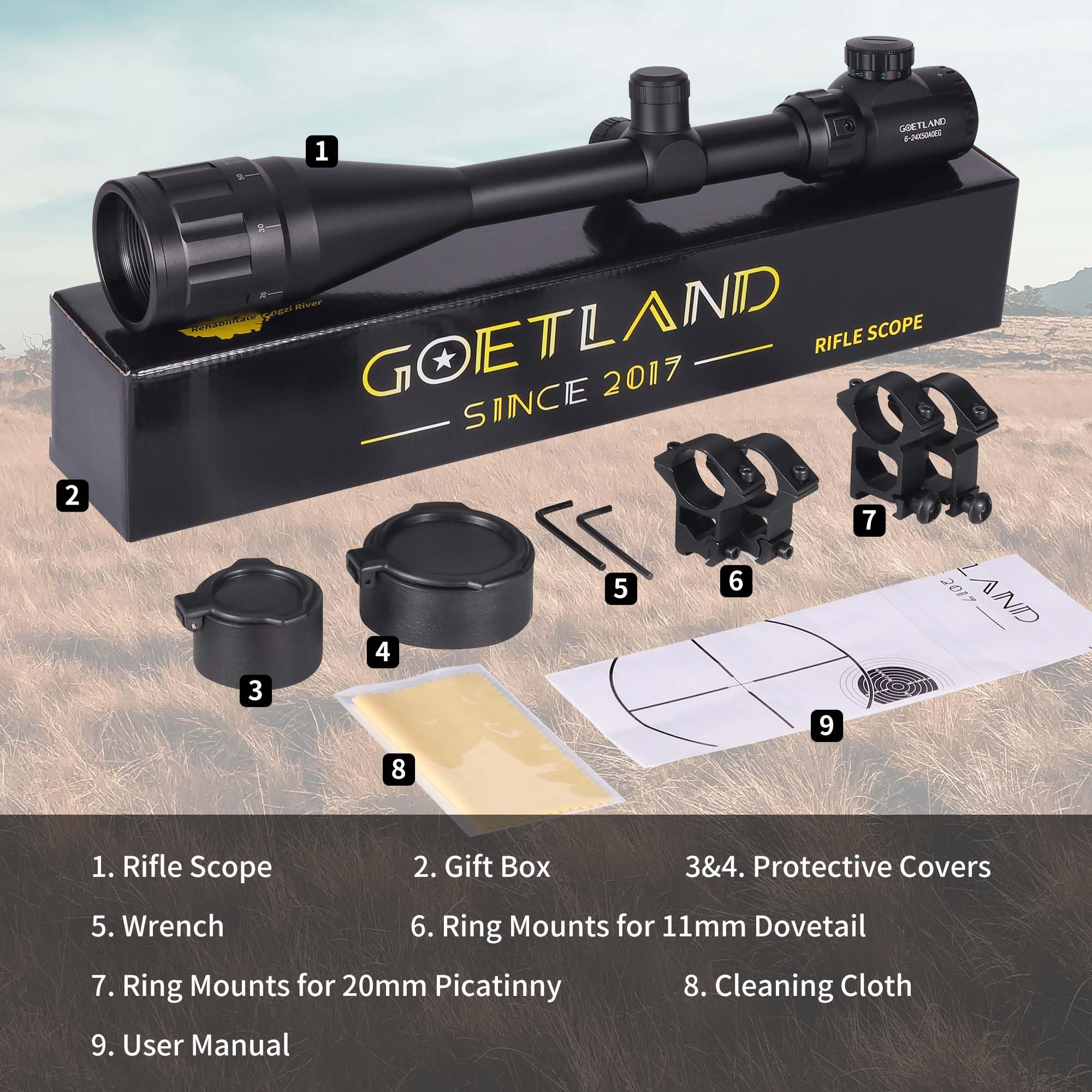 Goetland Lunettes de Visée 6-24x50 AOEG Telemetre Red Dot Rouge Vert Illuminé Rangerfinding SFP pour Tactique Chasse Airsoft Arbalète Carbine Tir Sportif