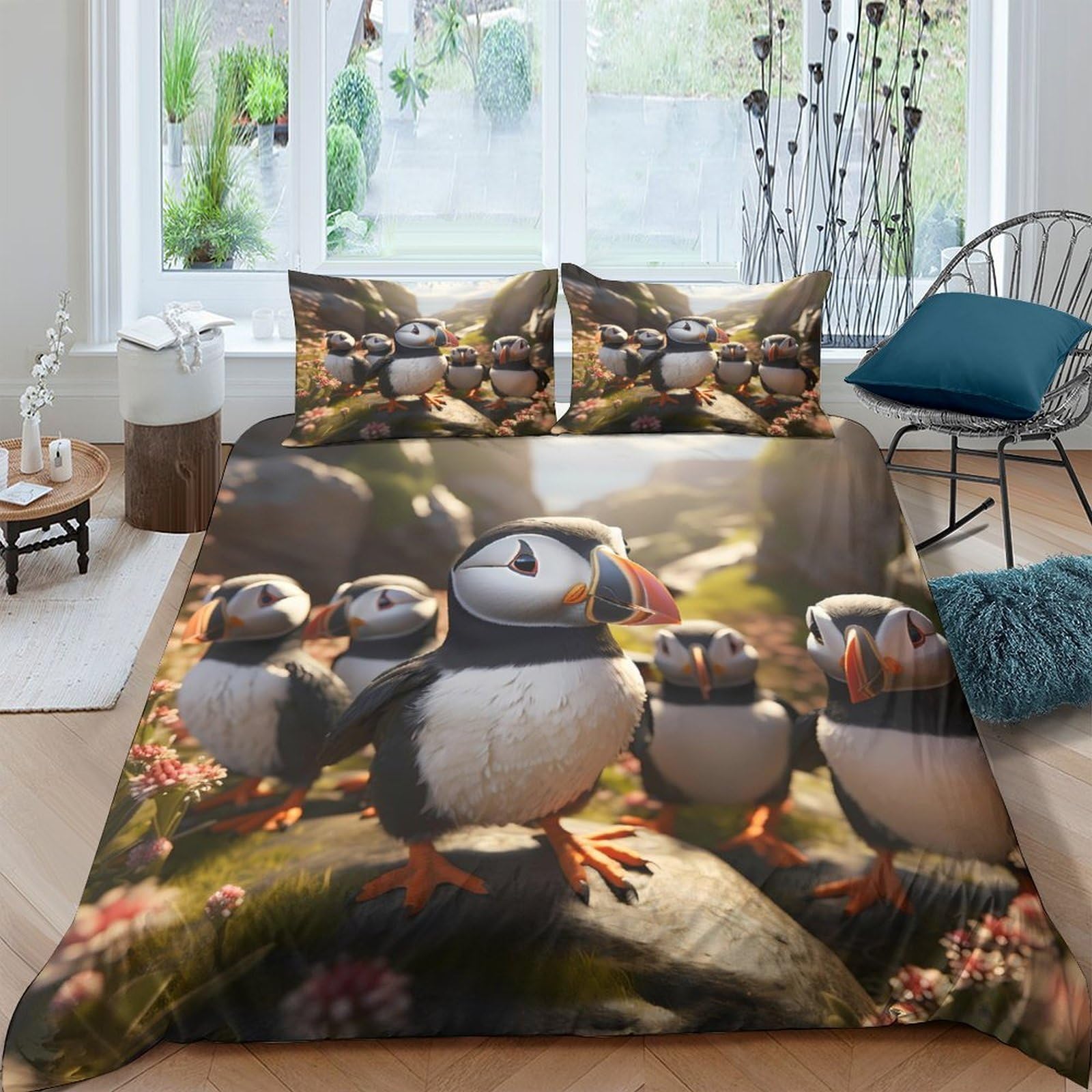 Ctjqhvkz Style-1 3D Printed Puffin Forest Fitted Sheet Microfiber Soft Breathable Seaside Cliff Mattress Cover Bedroom Decor Single（135X200cm）