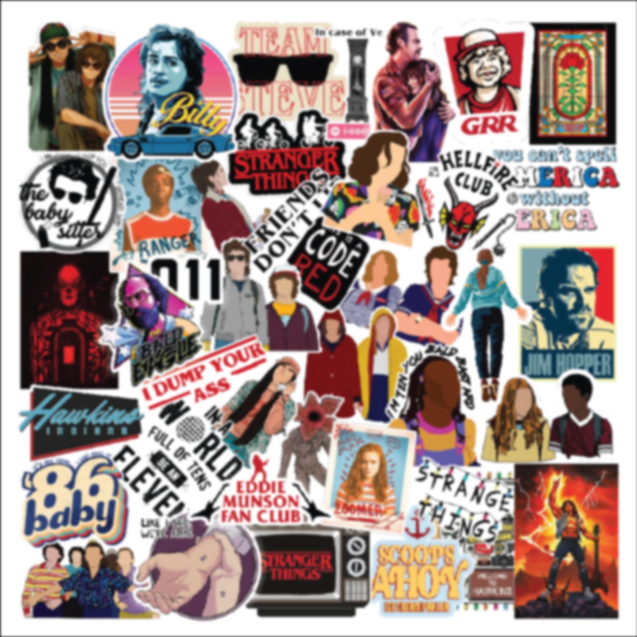 CodersParadise - Pack of 55 Stranger TV Show, Web Series Vinyl Stickers for Laptop, Journal, Diary, Guitar, Mobile Case - Aesthetic Waterproof Stickers
