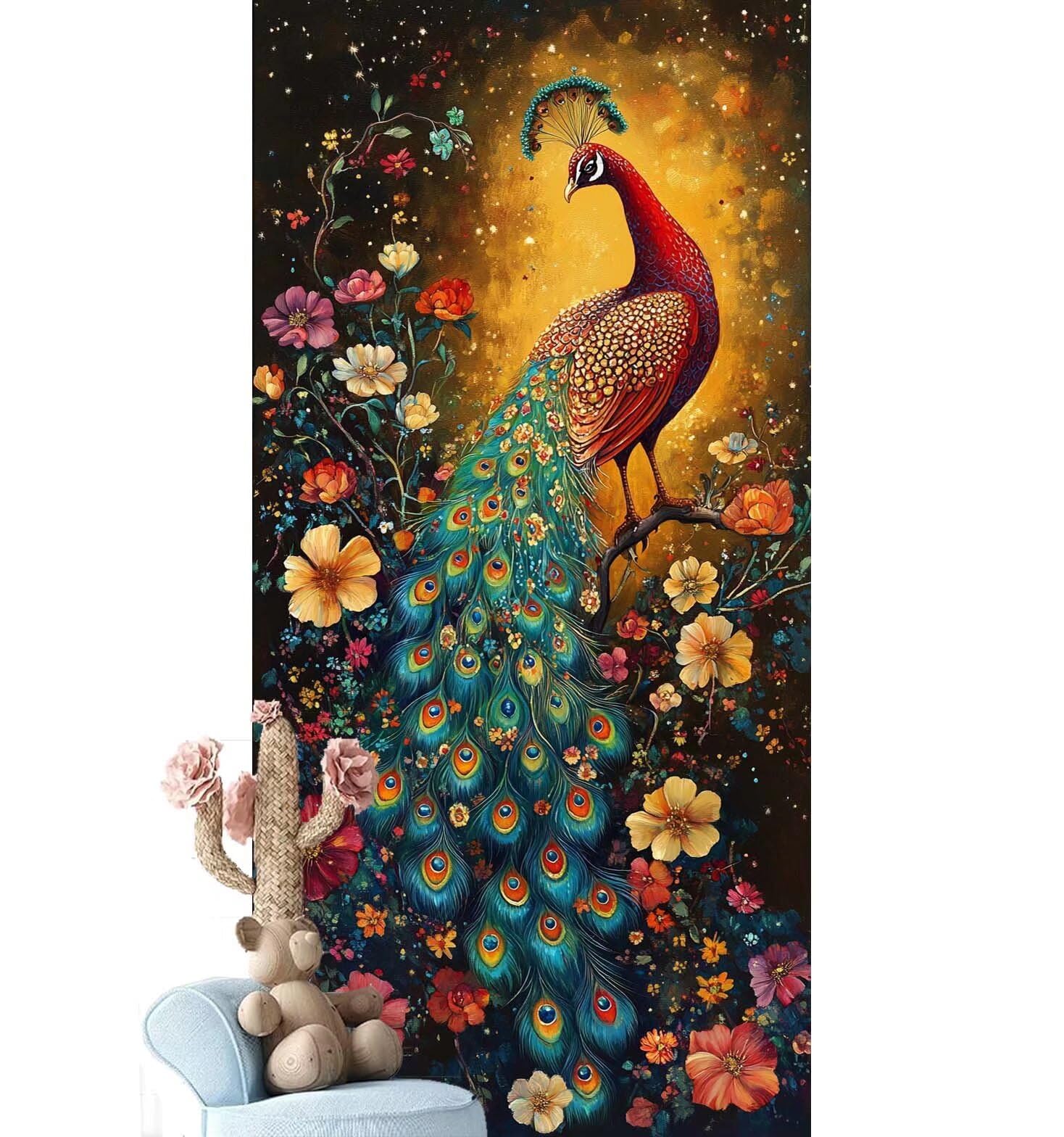 Dipingere con i Numeri per Adulti Bambini, Paint by Numbers con Pennelli Pittura a Pigmento Acrilico, Fai Da Te pittura di Numeri Kit Decora la casa Regalo (Senza Cornice)- Fiore,Pavone 90x260cm V-944