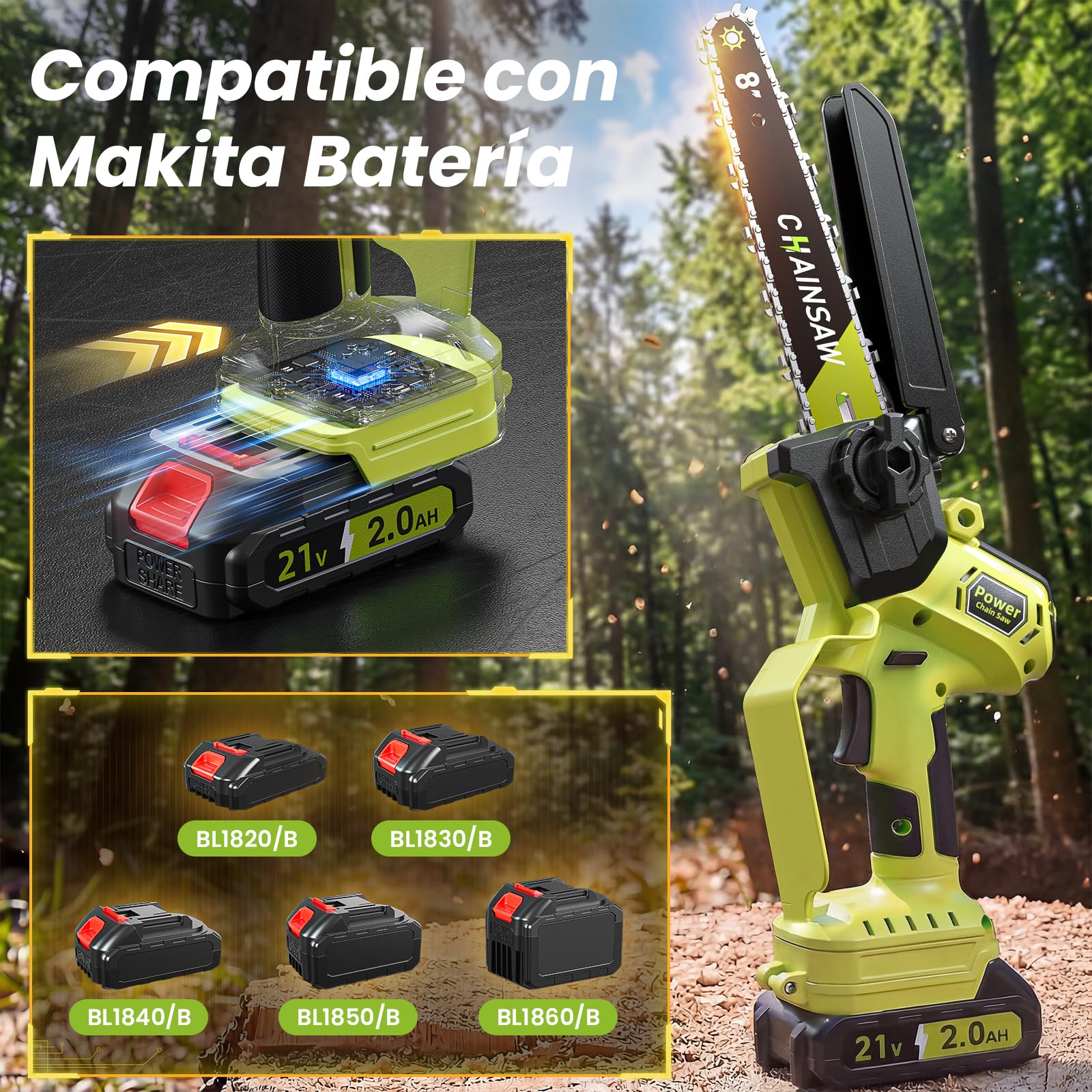 Mini Motosierra Bateria, Motosierra Eléctrica 8 Pulgadas 1300W Sin Escobillas 2*2000mAh Baterías, Lubricación Automática, Ajuste sin Herramientas, Motosierra de Mano para Podar Árboles de Jardinería