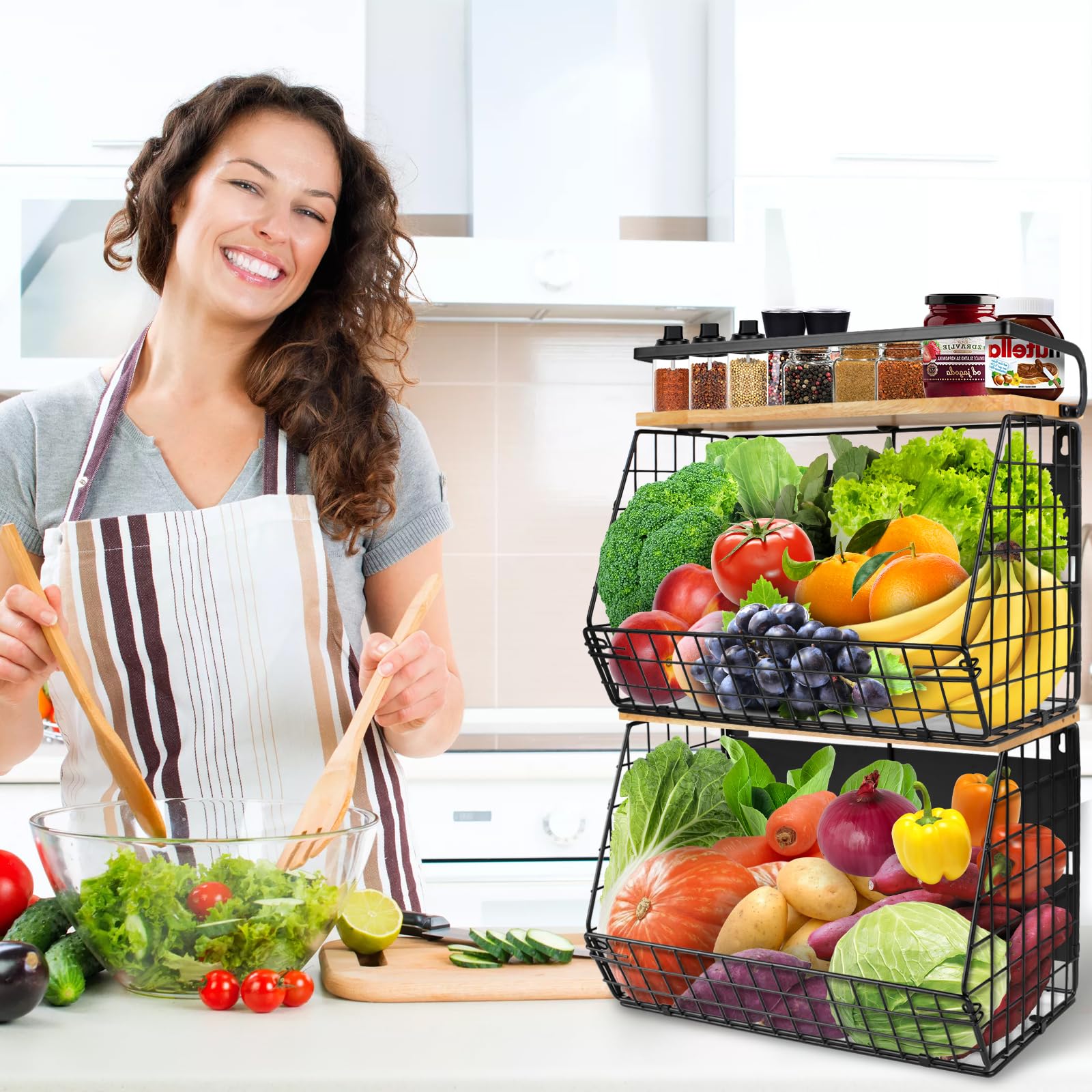 Confezione da 2 cestini magnetici per verdure, frutta, frutta, per cucina, appendiabiti con gancio per banane, impilabili, per verdure, frigorifero, senza fori, nero