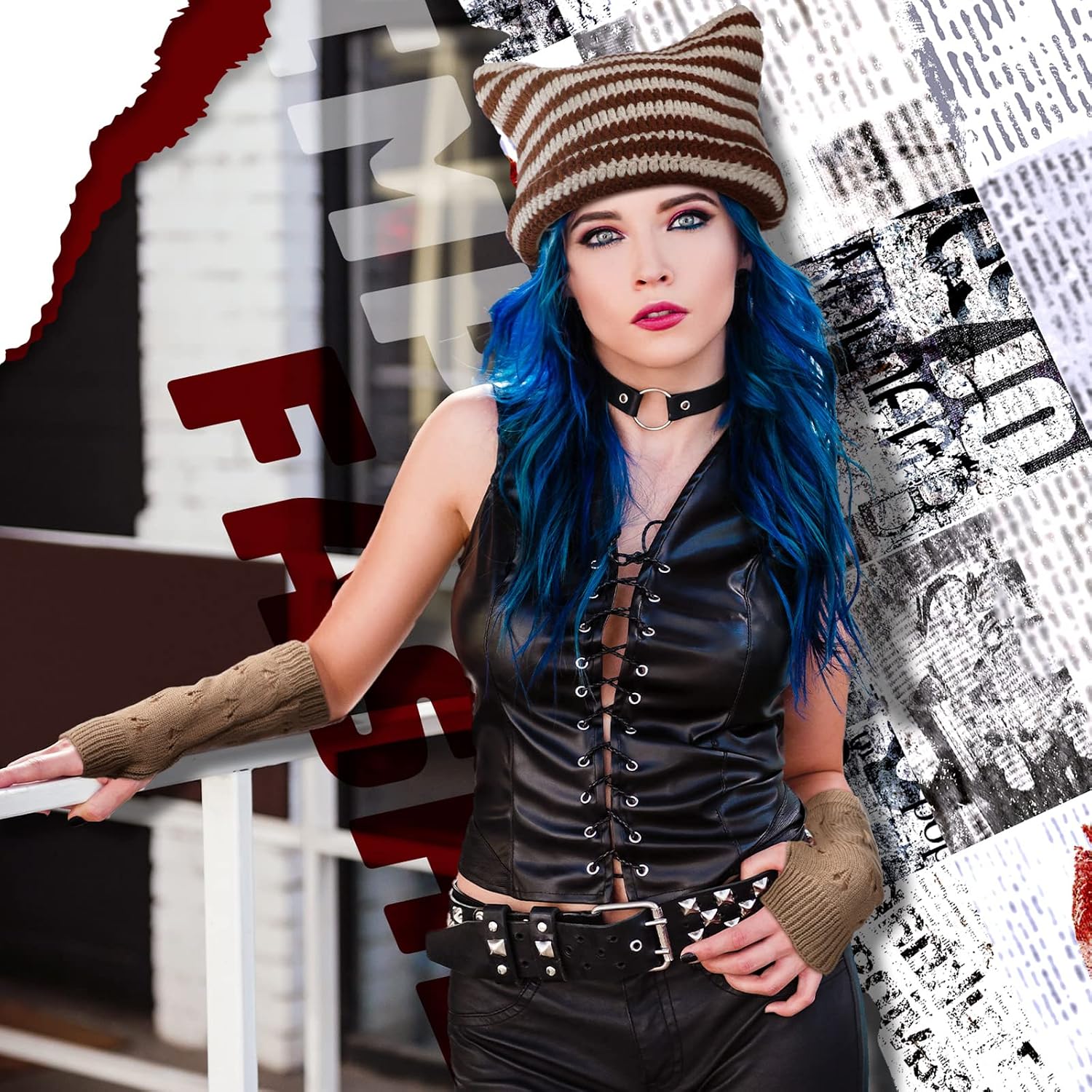 Hercicy 4 Pcs Y2k Grunge Knitted Cat Beanie and Ripped Gloves
