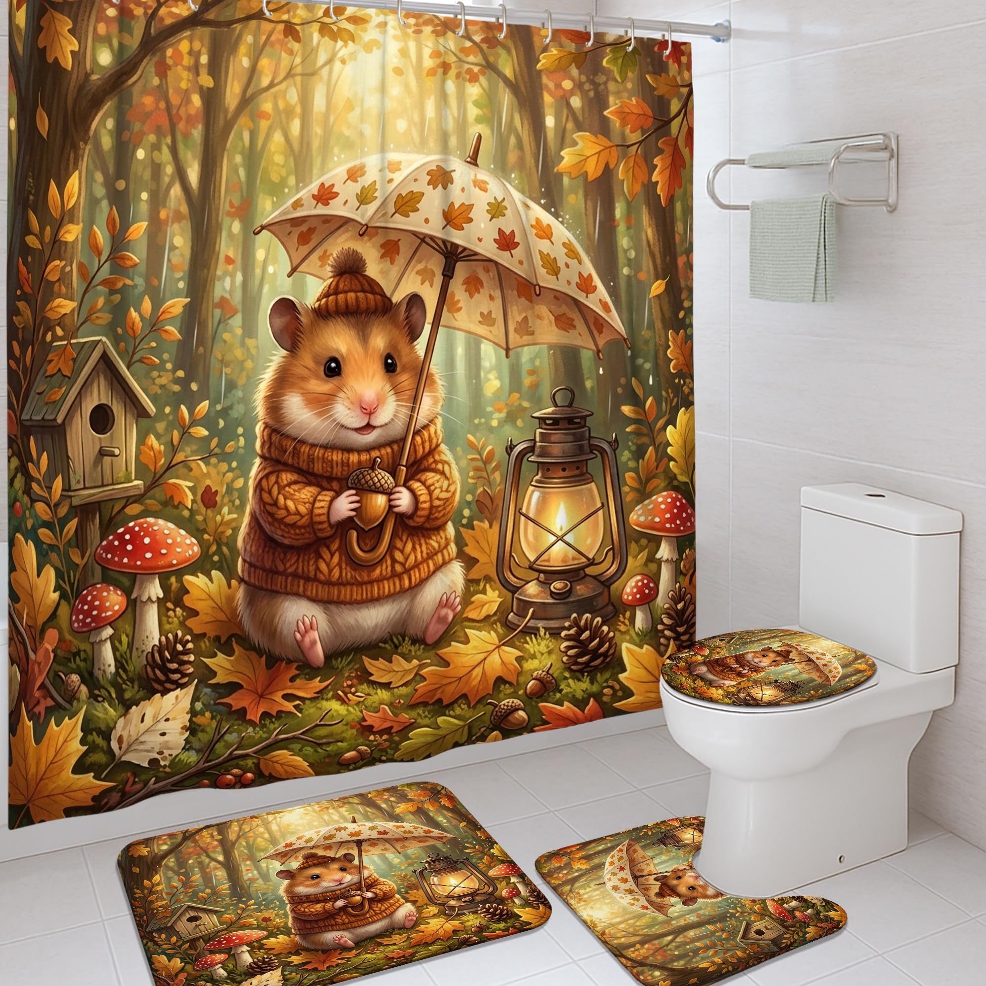 Rideau de douche et tapis lavables anti-éclaboussures motif hamster pour le bain