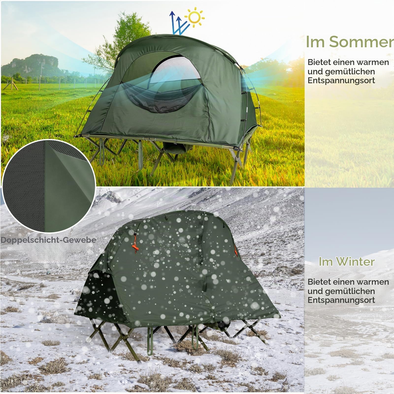 HOMASIS 4 in 1 Campingzelt für 2 Personen, erhöhtes Doppelzelt mit Feldbett, Kuppelzelt mit aufblasbarer Matratze, wasserdichtes Zelt mit Regendecke & Tragetasche, 194 x 146 x 160 cm