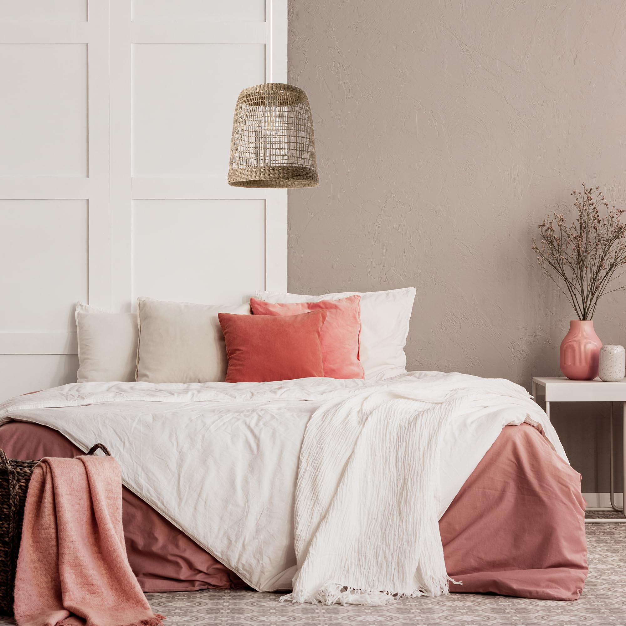 Lussiol - Lámpara colgante de ratán natural con aspecto bohemio y cable blanco con casquillo E27 de diámetro 30 cm – Lámpara LED –