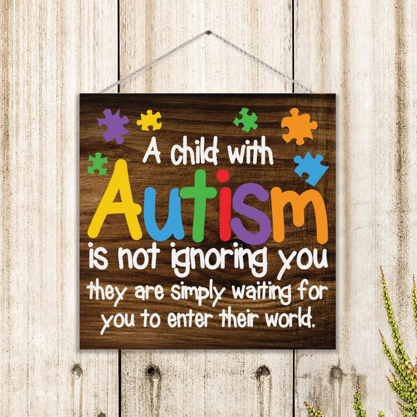 Evans1nism Cartello in legno per la consapevolezza dell'autismo, con nastro per la consapevolezza dell'autismo, bandiera cristiana, decorazione da parete per la casa, con stampa divertente, per regalo
