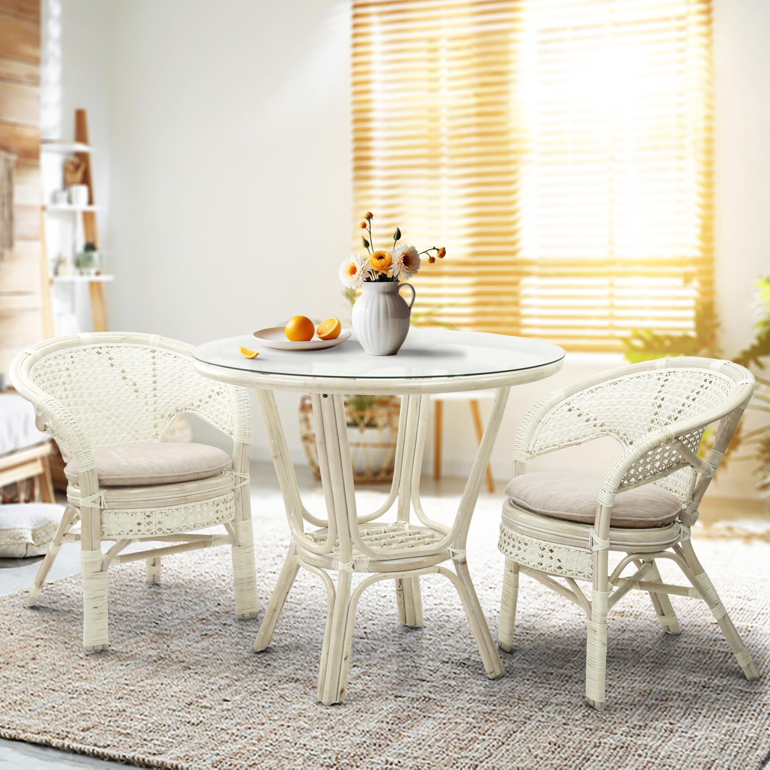 3 Pcs Pelangi Rattan Wicker Dining Set Round Table Glass Top and 2 Arm Chairs with Cream Cushion, White Color