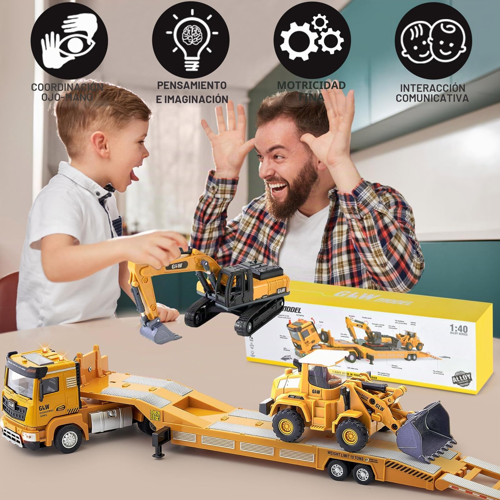 G.C Vehiculos Construccion Juguete Niños con Excavadora Bulldozer, Camión Transportador Largo con Luces y Sonidos Camión de Construcción Juguete Regalo para Niños 3 4 5 6 7 Años