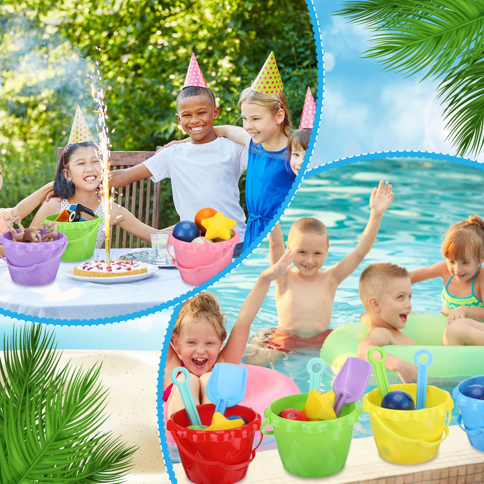 14 cubos de agua de 5.51 pulgadas para niños, mini cubos de arena, cubo pequeño de plástico con asas, cubo de arena de juguete de colores brillantes para la playa y jugar en la piscina, fiesta 6