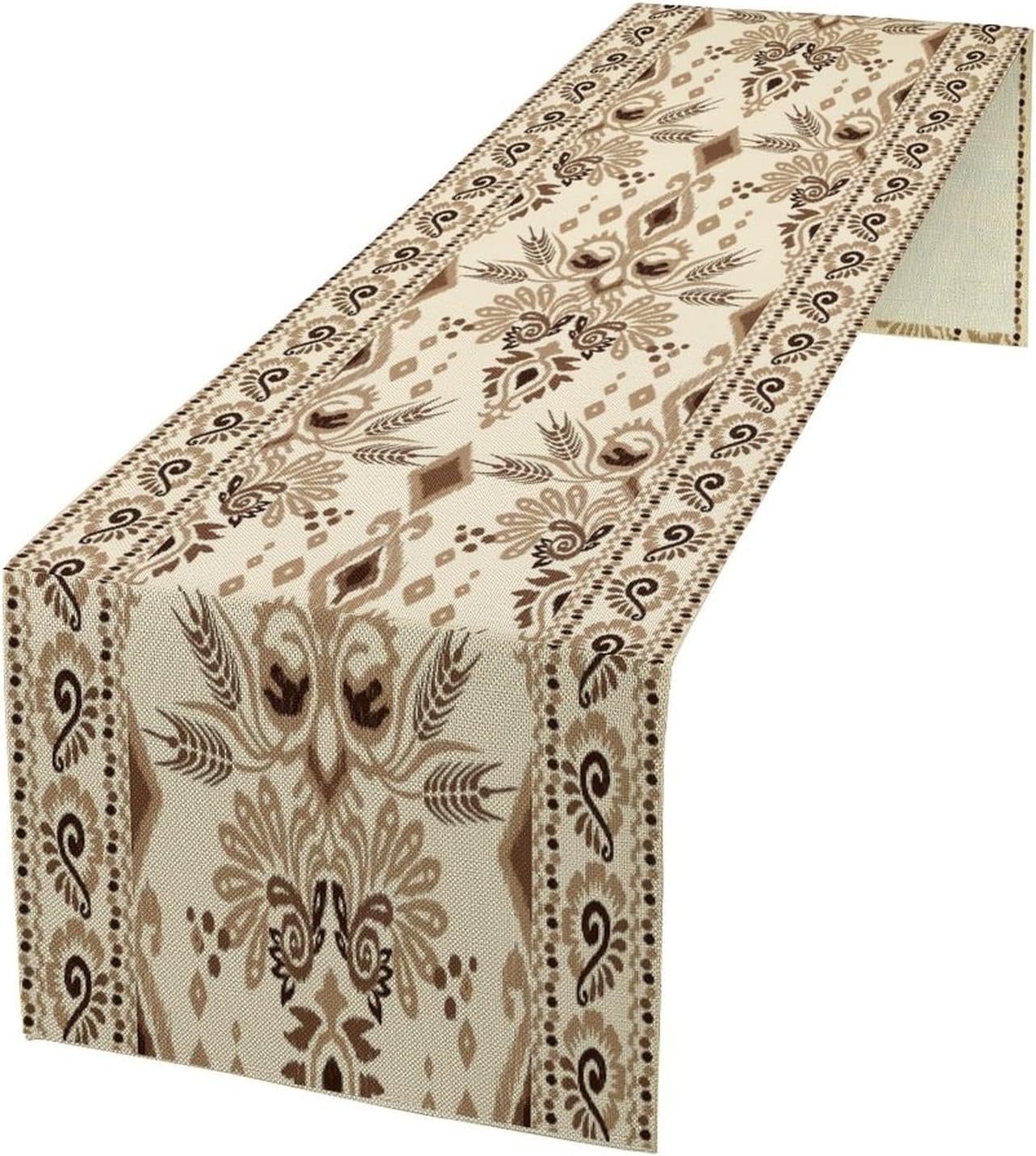 Retro Ethnic Floral Table Runner, Rustic Farmhouse Beige Brown Art Boho Aztec Geometry Totem Patchwork Seamless Pattern Decor for Party Living Room Kitchen Dining Coffee Table 13x108in x1 Panel