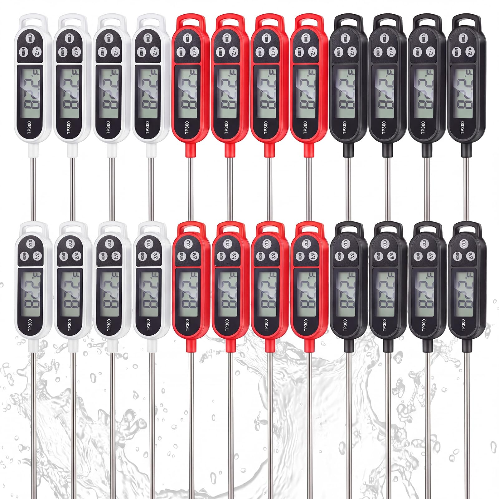 Copkim Lot de 24 thermomètres à viande à lecture instantanée avec longue sonde de 24 cm - Étanche - Pour barbecue, eau, lait, yaourt liquide (anneau carré, noir, blanc, rouge)