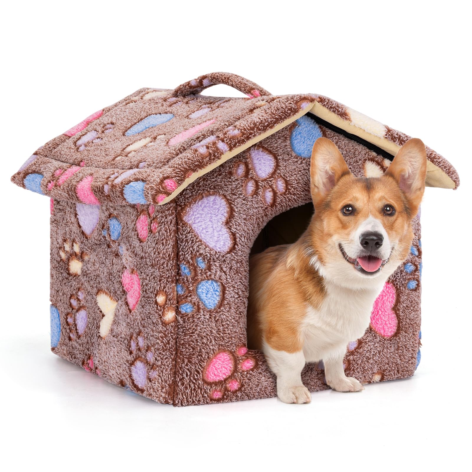 Nobleza Caseta para Perros,Casa Gatos Interior, Cama para Perro con Colchón Extraíble, Plegable Casa para Gato, Conejos, 53x50x43cm L, Marrón