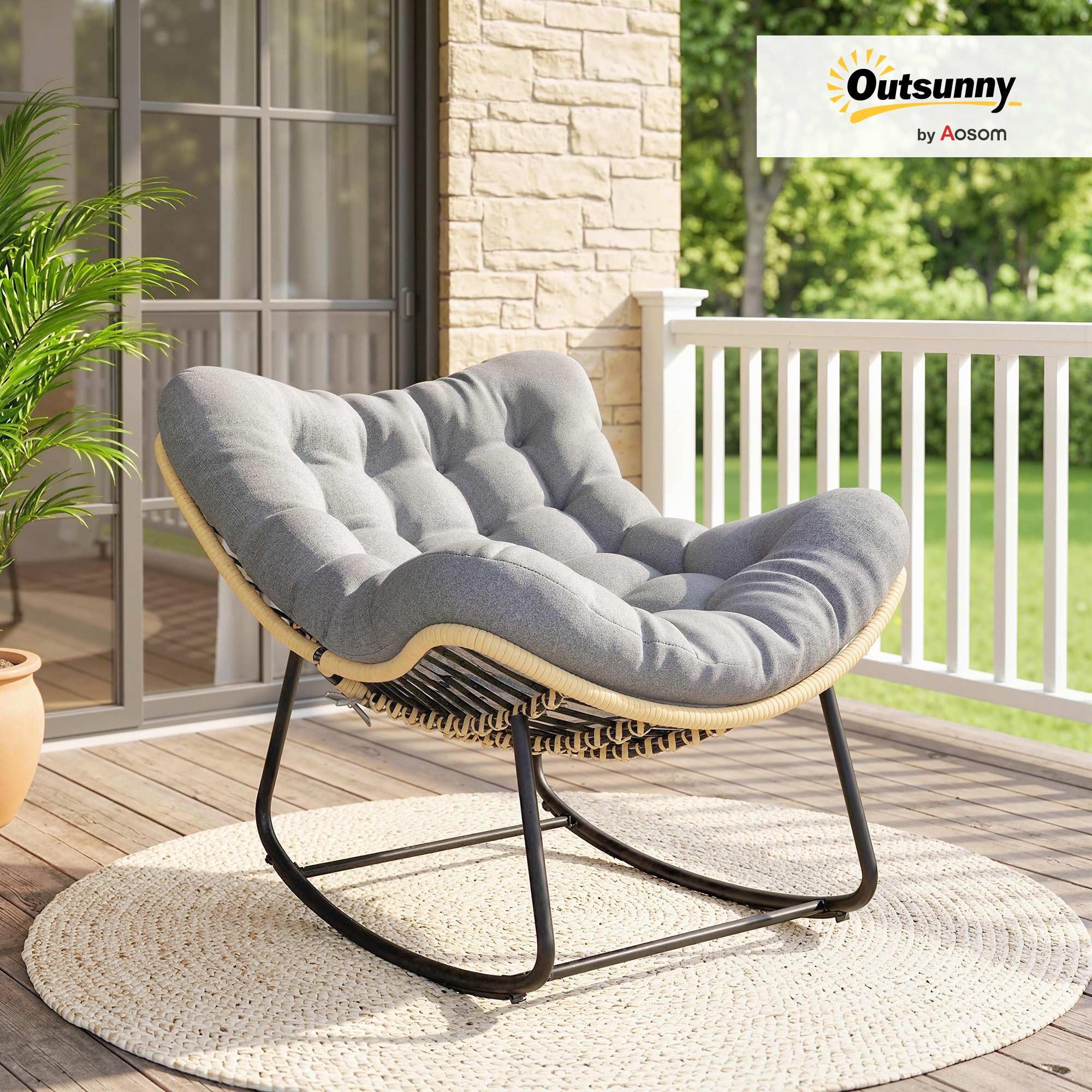 Outsunny Fauteuil à Bascule de Jardin pour Intérieur et Extérieur, Rocking Chair en Résine Tressée avec Coussin Moelleux, Fauteuil Œuf pour Terrasse, Balcon, Chambre, 110 x 87 x 70 cm, Gris