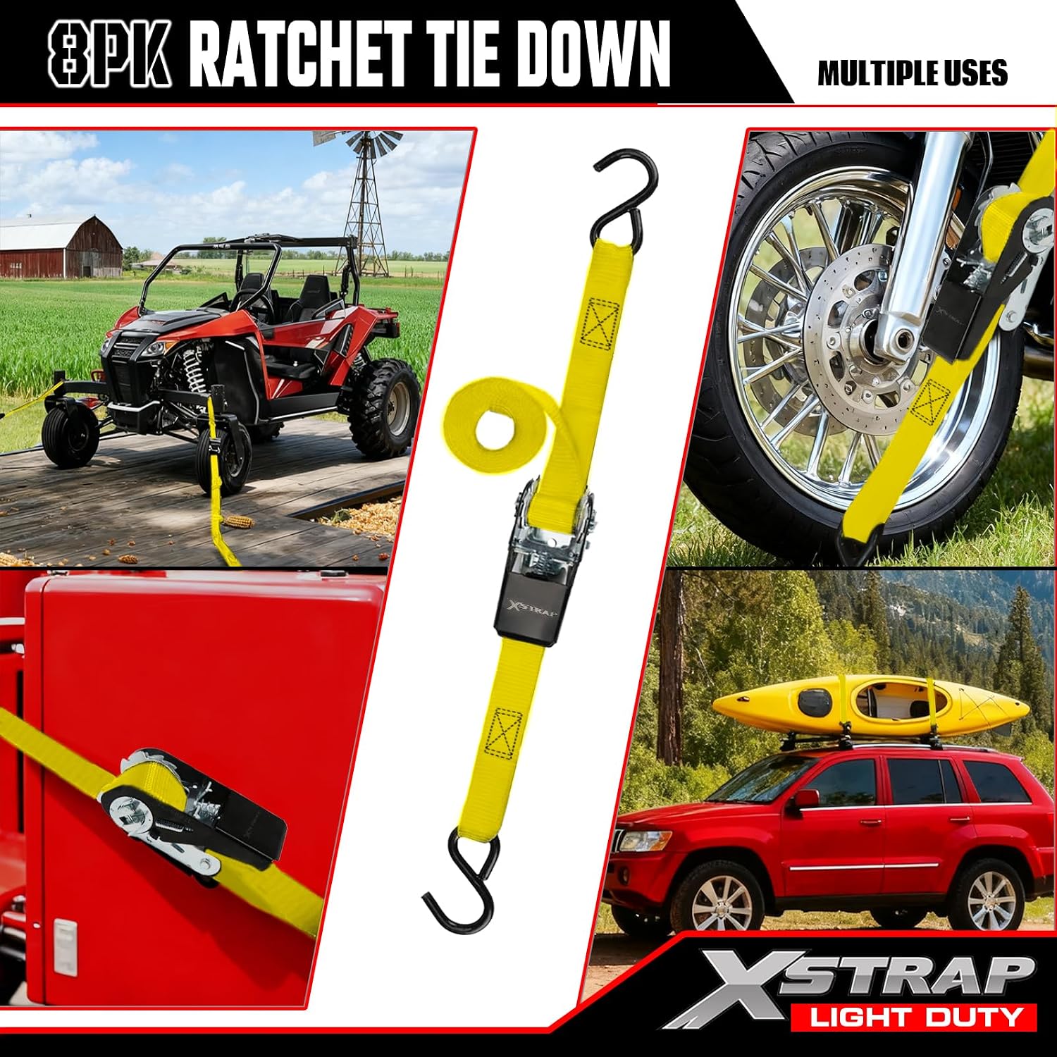 XSTRAP STANDARD 8-Pack Ratchet Tie Down Straps, 1" x 10ft, 900lb Break Strength Heavy Duty Straps for Motorcycles, ATVs, Lawn Equipment, Appliances & Truck Cargo - Yellow