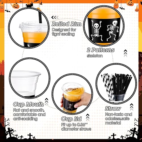 Miniatura 3 de 100 Set Skeleton Halloween Plastic Cups with Lids and Straws Reusable Halloween Party Cups 12 oz Disposable Clear Party Supplies for Decorations