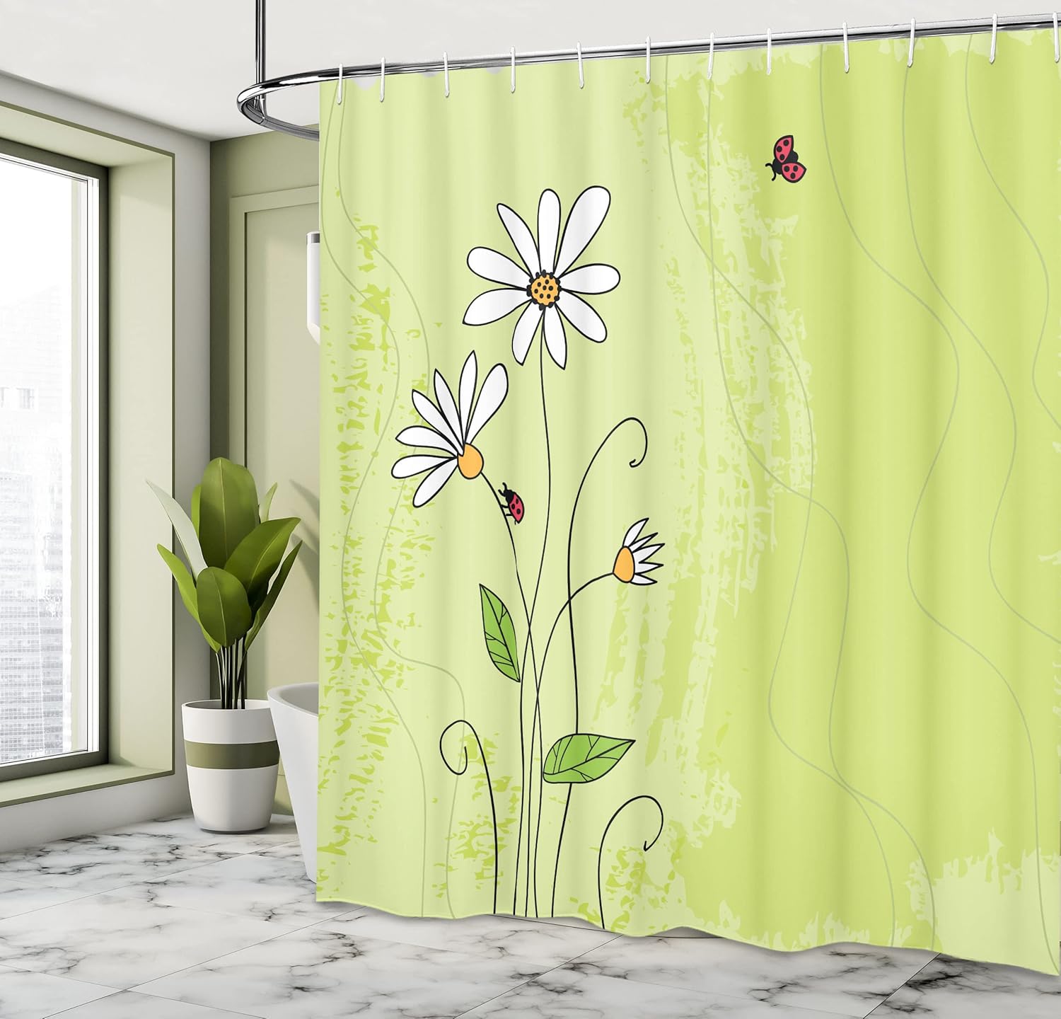 Ambesonne Daisy Shower Curtain, Hand Drawn Style Chamomile Flowers on Green Backdrop with Ladybugs and Grunge Look, Cloth Fabric Bathroom Decor Set with Hooks, 69" W x 70" L, Pastel Green