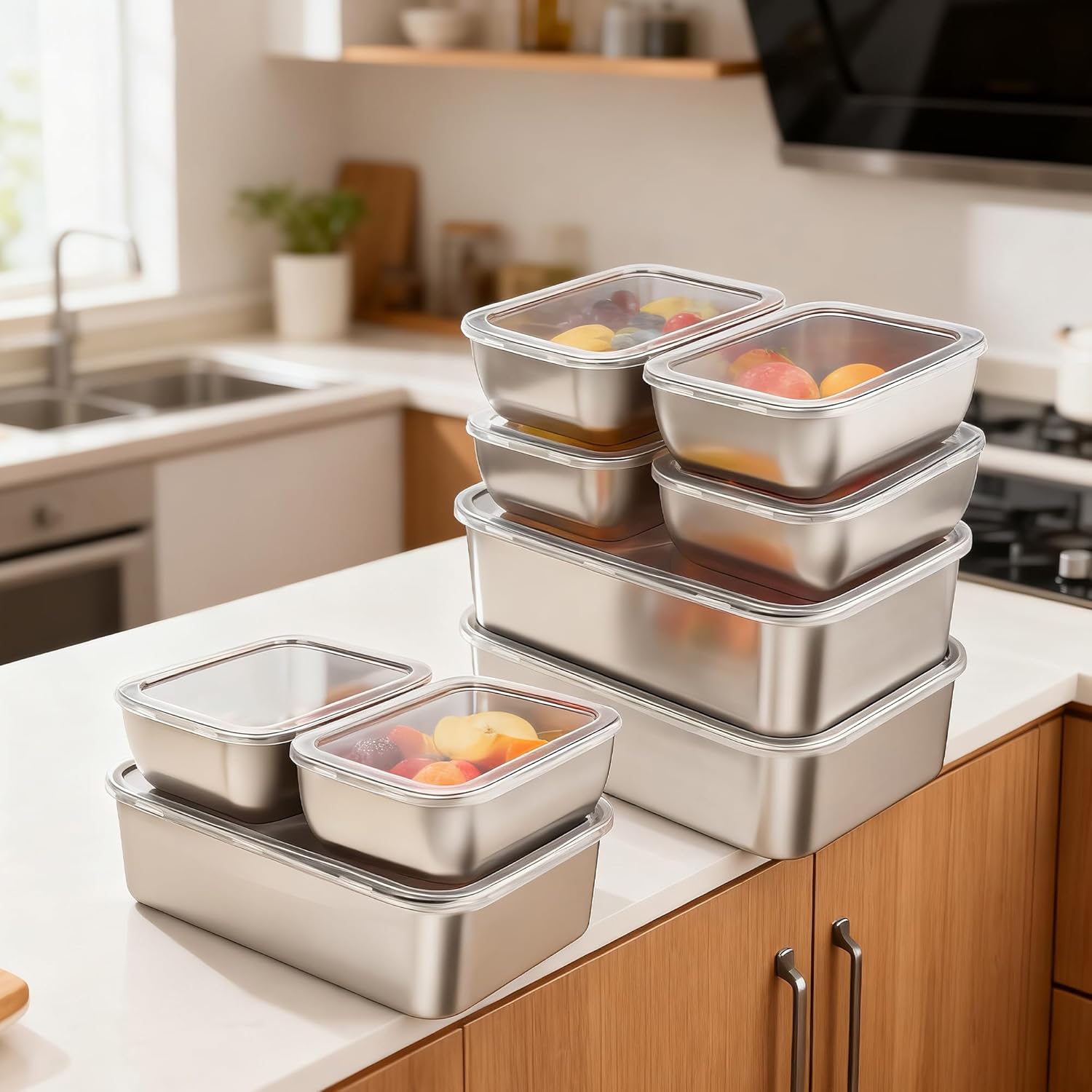 9-Piece Stainless Steel Food Storage Containers Set with Lids - 3 Large & 6 Small Metal Containers for Camping, Outdoor Picnic and Kitchen - Image 6