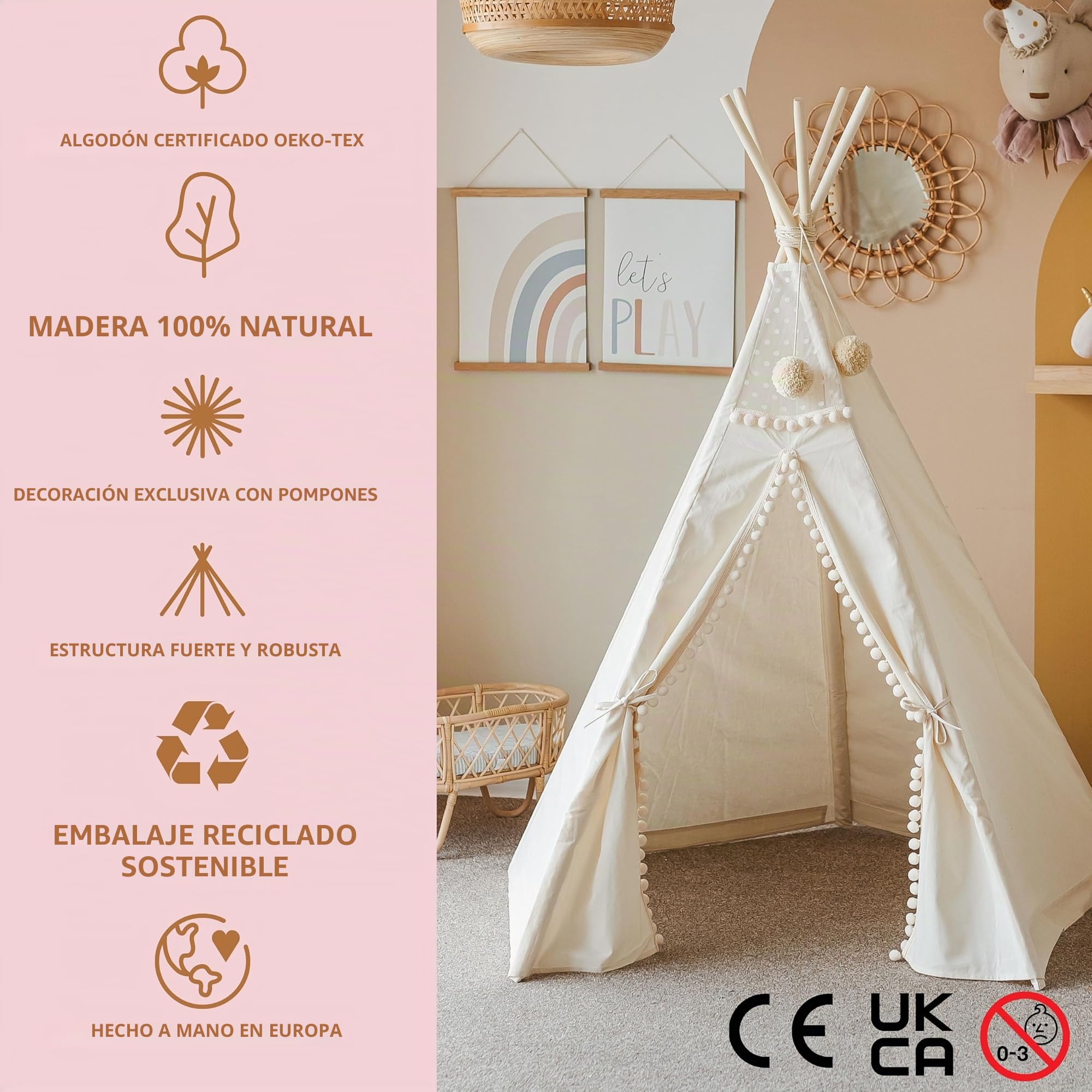 MINICAMP Teepee Original para Niños, Tienda de Campaña de Lona Natural de Algodón con Madera Hecha a Mano, Tienda de Juego Interior para Dormir para Niñas y Niños con Pompones