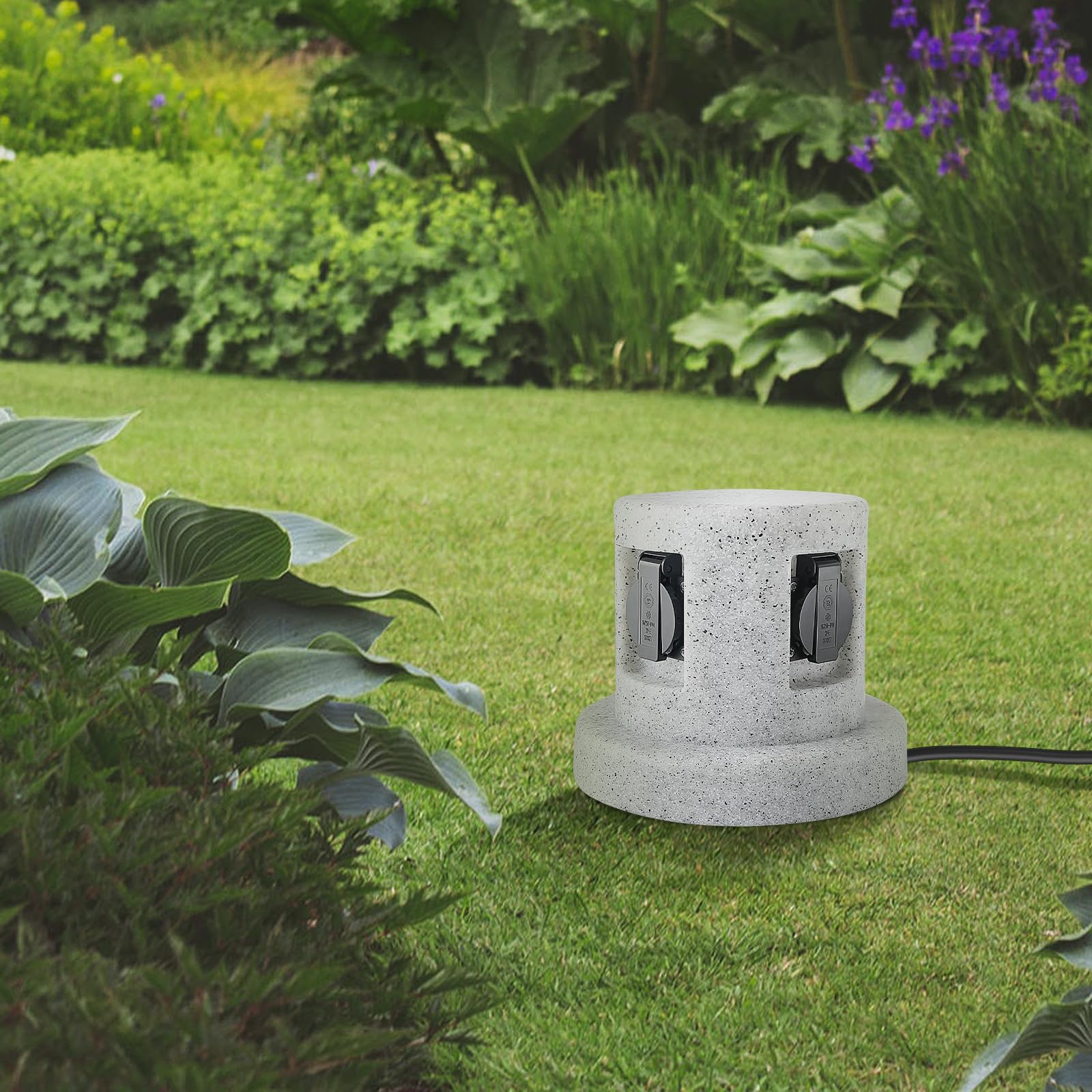 Garten Steckdosensäule Granit-Optik mit 4-Fach Steckdosen und 1m Gummikabel, IP44, Kunststoff, max.3600 Watt,Außensteckdose Garten Stein