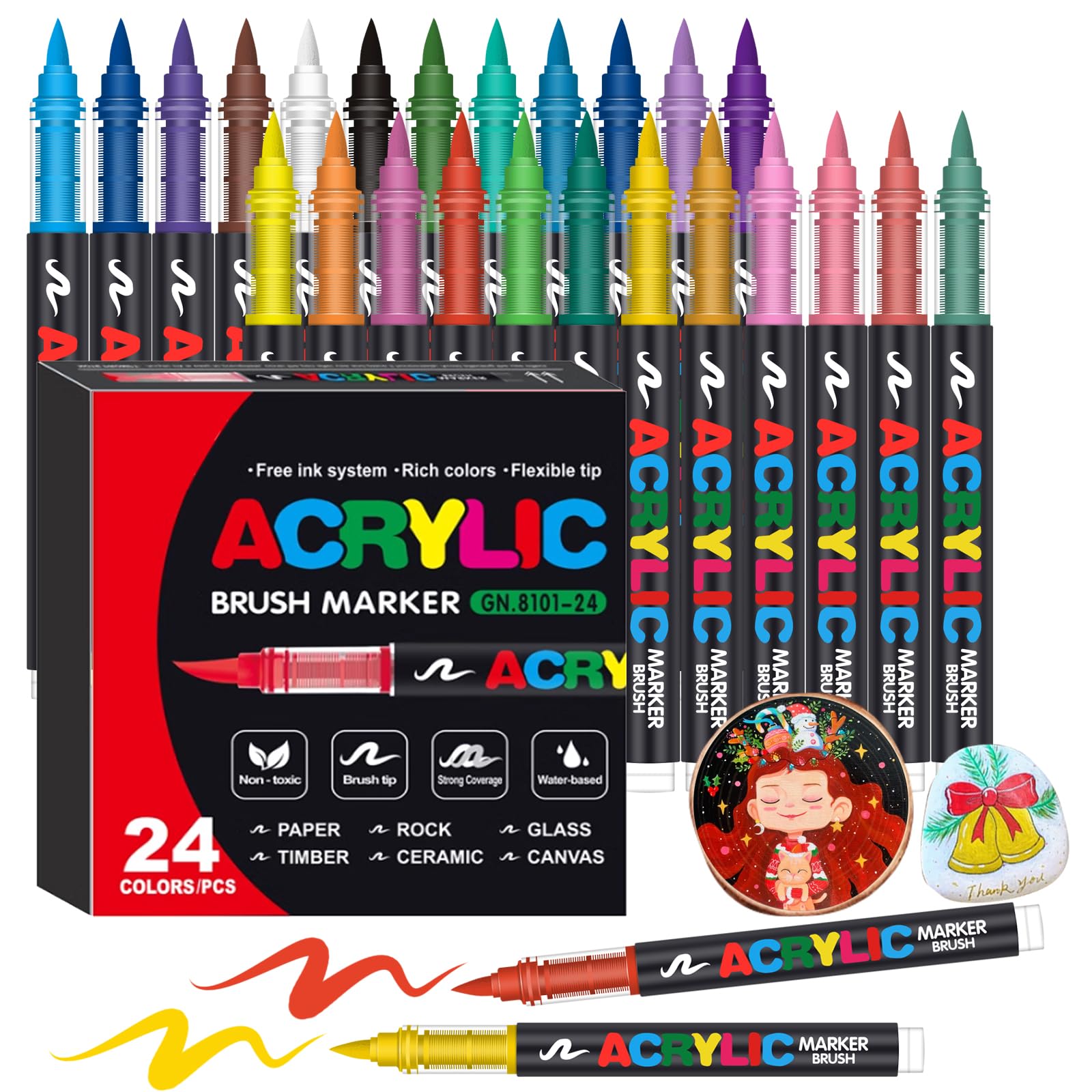 Acrylic Paint Markers, Soft Brush Tip Pens and Markers, Acrylic Paint Pens for Wood, Stone, Canvas, Glass, Fabric, Egg, Rock Painting and DIY Crafts Art Supplies (24)