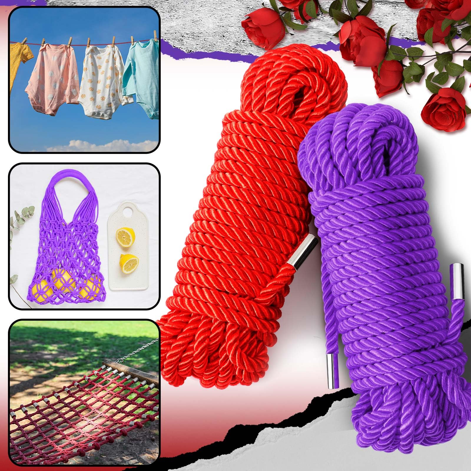 Tisancy 4 Pcs Multifunctional Craft Cord Kit with 2 Soft Silk Macrame Cords and 2 Adjustable Nylon Bracelets, 32.81 ft Twisted Trim Cord for DIY Crafts and Home Decoration(): Red, Purple