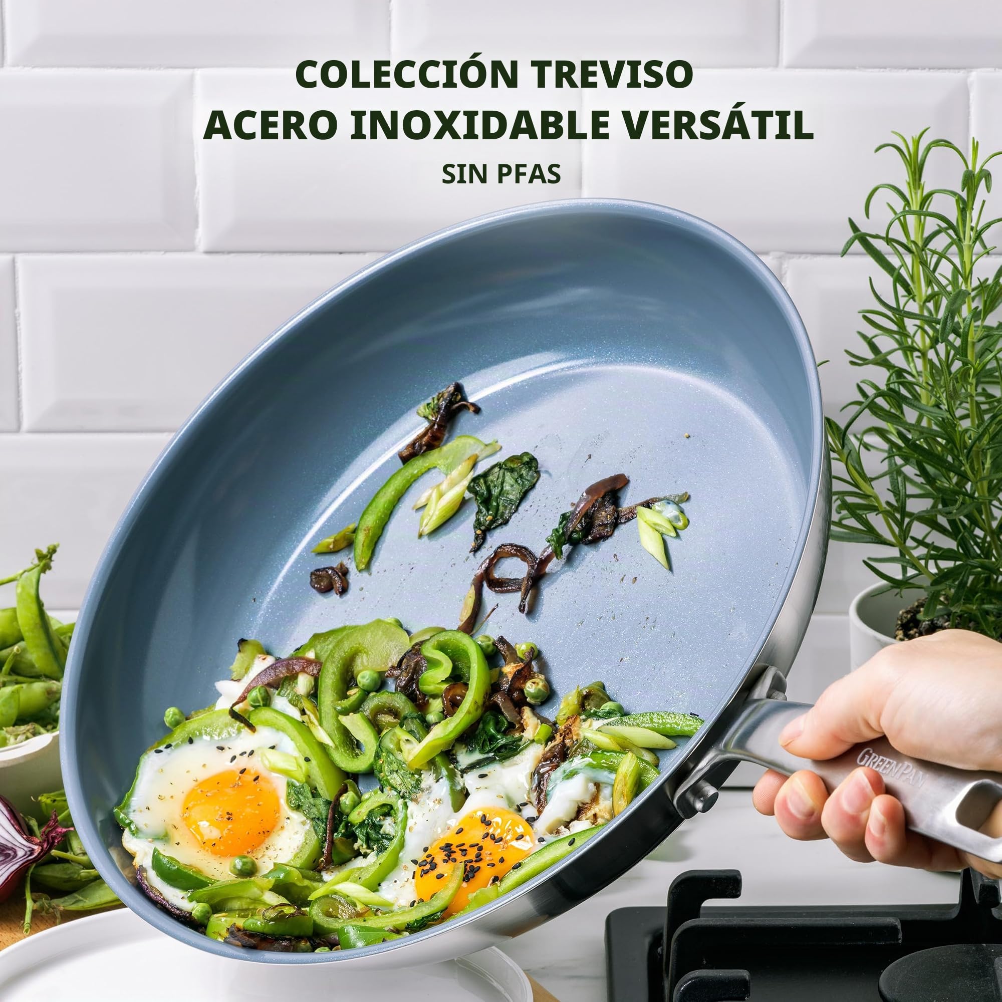 GreenPan Treviso Juego de 10 Ollas y Sartenes de Acero Inoxidable con Revestimiento de Cerámica Antiadherente, Incluye Sartén Cacerola y Ollas, Sin PFAS, Apto para Inducción, Horno y Lavavajillas,Gris