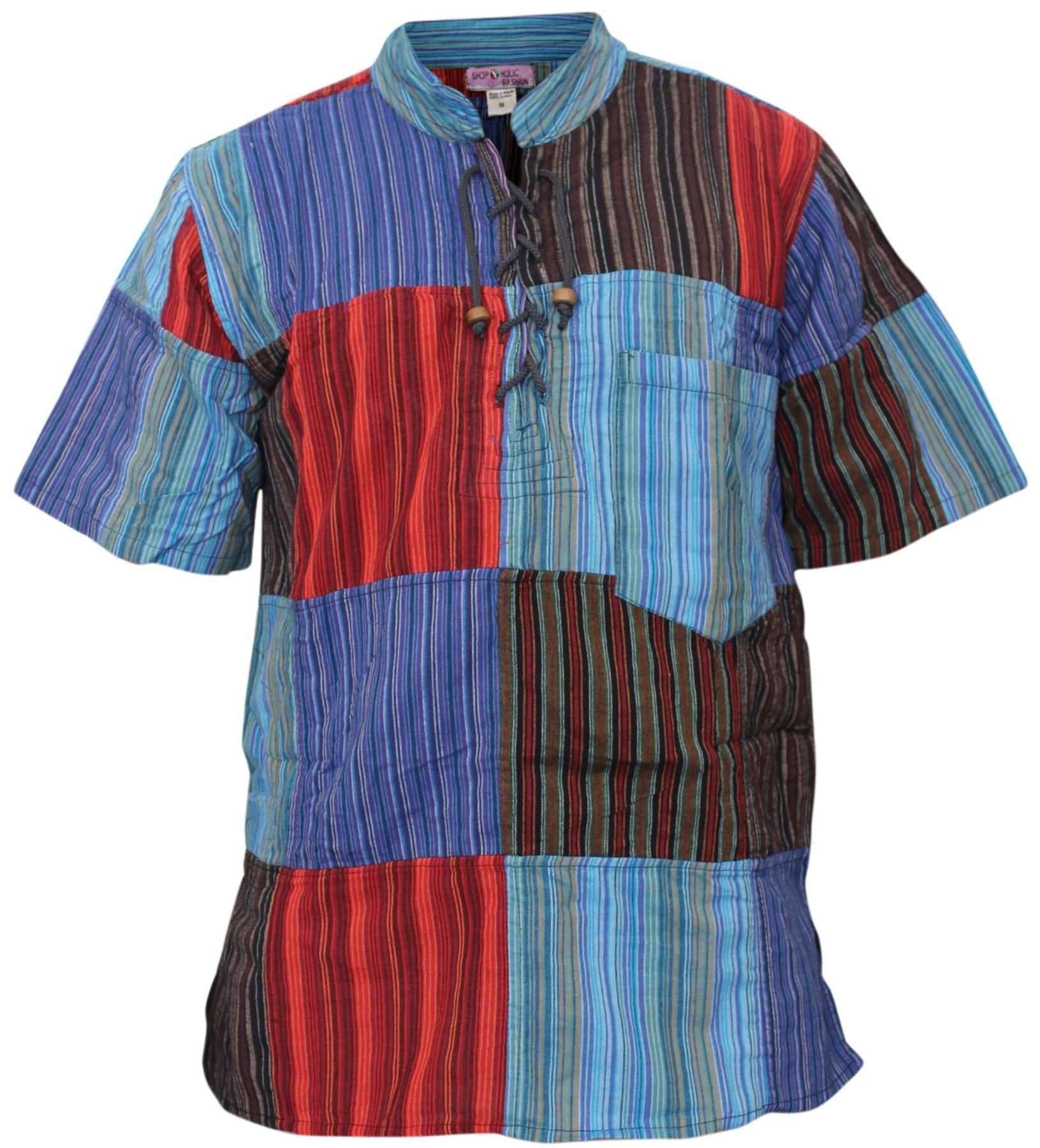 SHOPOHOLIC FASHION Mens Half Sleeve Patch Hippie Grandad Shirt (3XL, Stripe Patchwork)