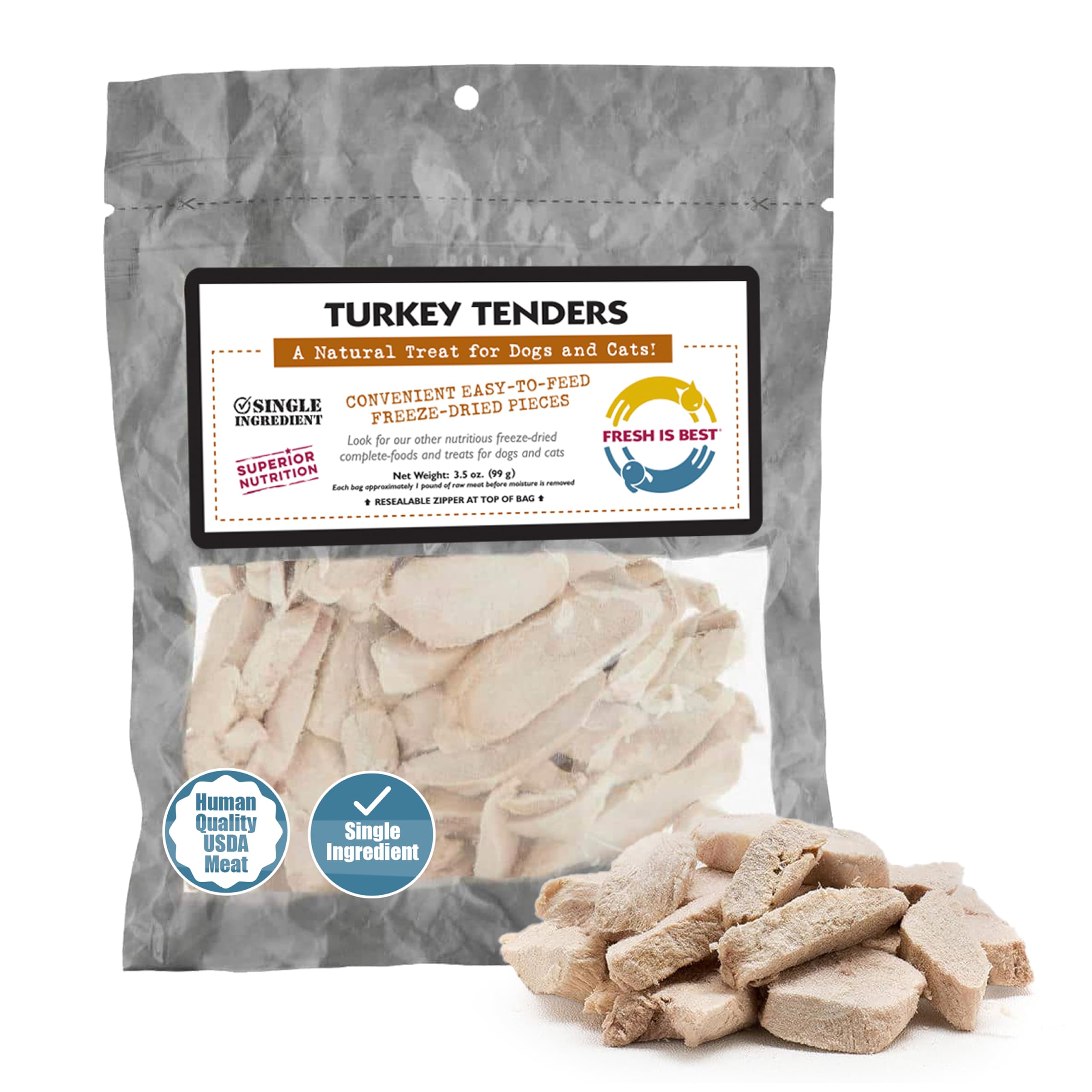 Fresh Is Best Freeze Dried Dog Treats – Raw Freeze Dried Treats for Dogs & Cats in Resealable Zipper Bag – High-Protein Single Ingredient Turkey Tenders – Made in The USA
