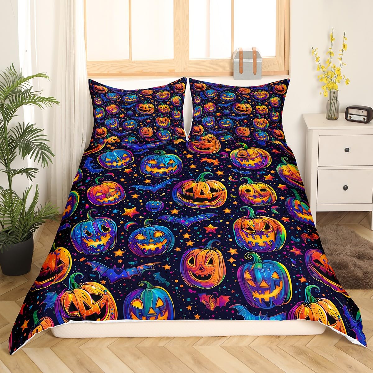 Loussiesd Happy Halloween Pumpkin Bedding Set King Size Halloween Themed Duvet Cover Set for Kids Boys Girls Horror Spooky Pumpkins Comforter Cover Soft Halloween Bats Quilt Cover - Image 2