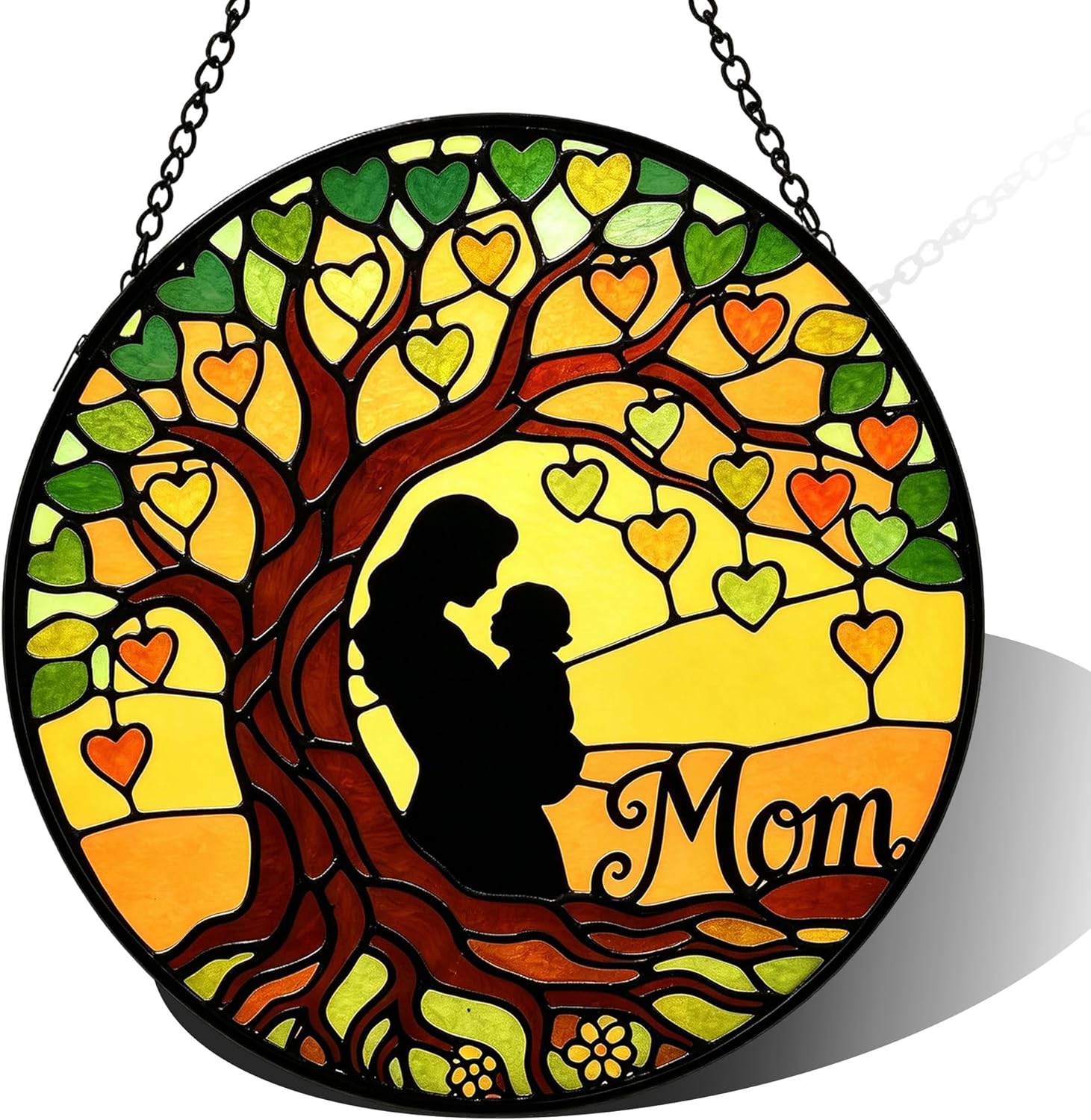 Nacome Tree Stained Glass Window Hanging: Mothers Birthday Day Gifts for Mom Women Grandma - Colorful Sun Catchers Tree of Heart Glass Panel Suncatcher for Indoor Outdoor Decor(7.8in)
