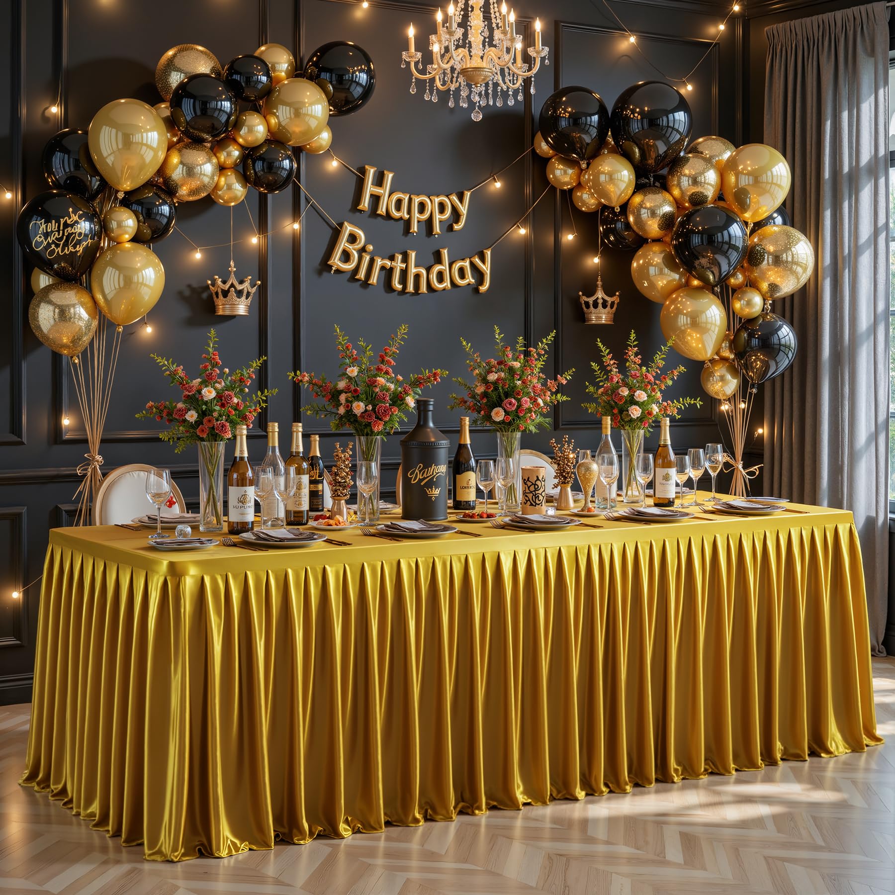 Photo 1 of [DIRTY] Wish Care Gold Satin Table Clothes for 6 Foot Rectangle Tables - 6FT Wrinkle Resistant Glitter Rectangle Tablecloths, Party Table Covers for Wedding Banquet, Baby Shower, Birthday, Holiday Dinner
