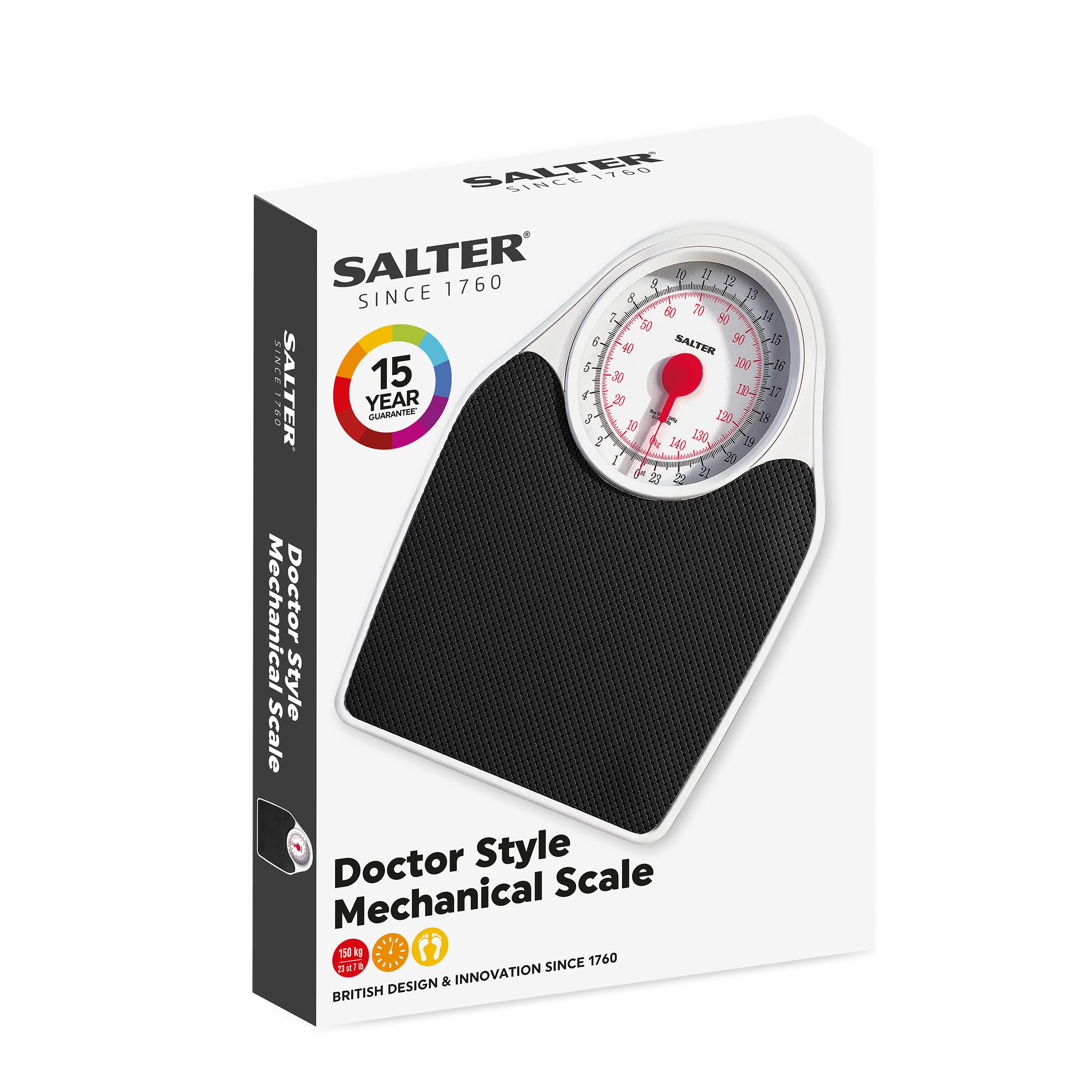 Salter 145 BKDR Mechaniczna waga łazienkowa retro, zakres 150 kg, duża platforma, czytelna tarcza, dokładne ważenie w kg, kamieniach i funtach, biała/czarna