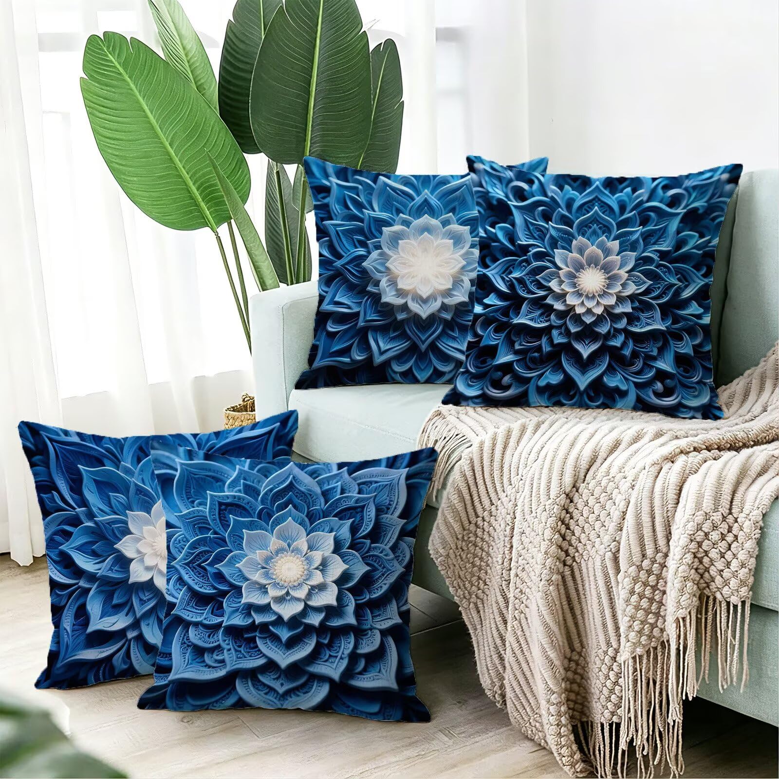 Blu Federe Cuscini Divano 60x60cm, Cuscini da Esterno Set de 4, Cod-153 | Lin Copricuscini Decorativi Letto Arredo, per Letto, Soggiorno, Giardino, Esterno, Casa Decorazione Set di 4 Fiore