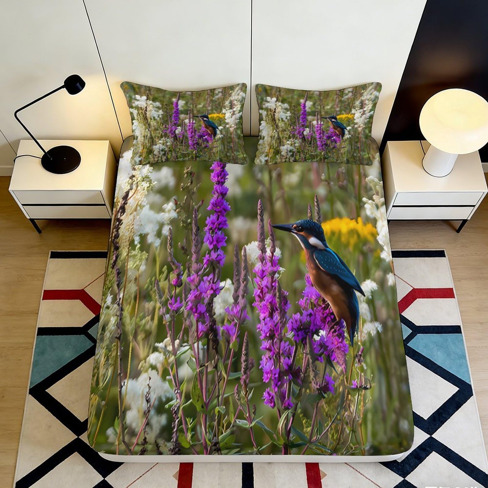 3D Printed Wildflower Meadow Fitted Sheet Microfiber Soft Kingfisher Bed Cover for Bedroom Guest Room Decor 200x200x25cm