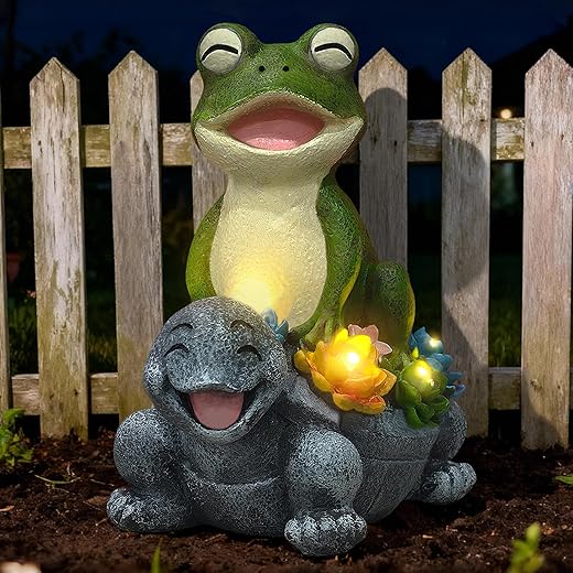Solar Turtle Frog Garden Statue - Happy Turtle Frog Statue with LED Succulent,Garden Gifts,Outdoor Statues Decoration for Patio Backyard Yard Lawn Ornament,Birthday Gifts for Women Mom Grandma