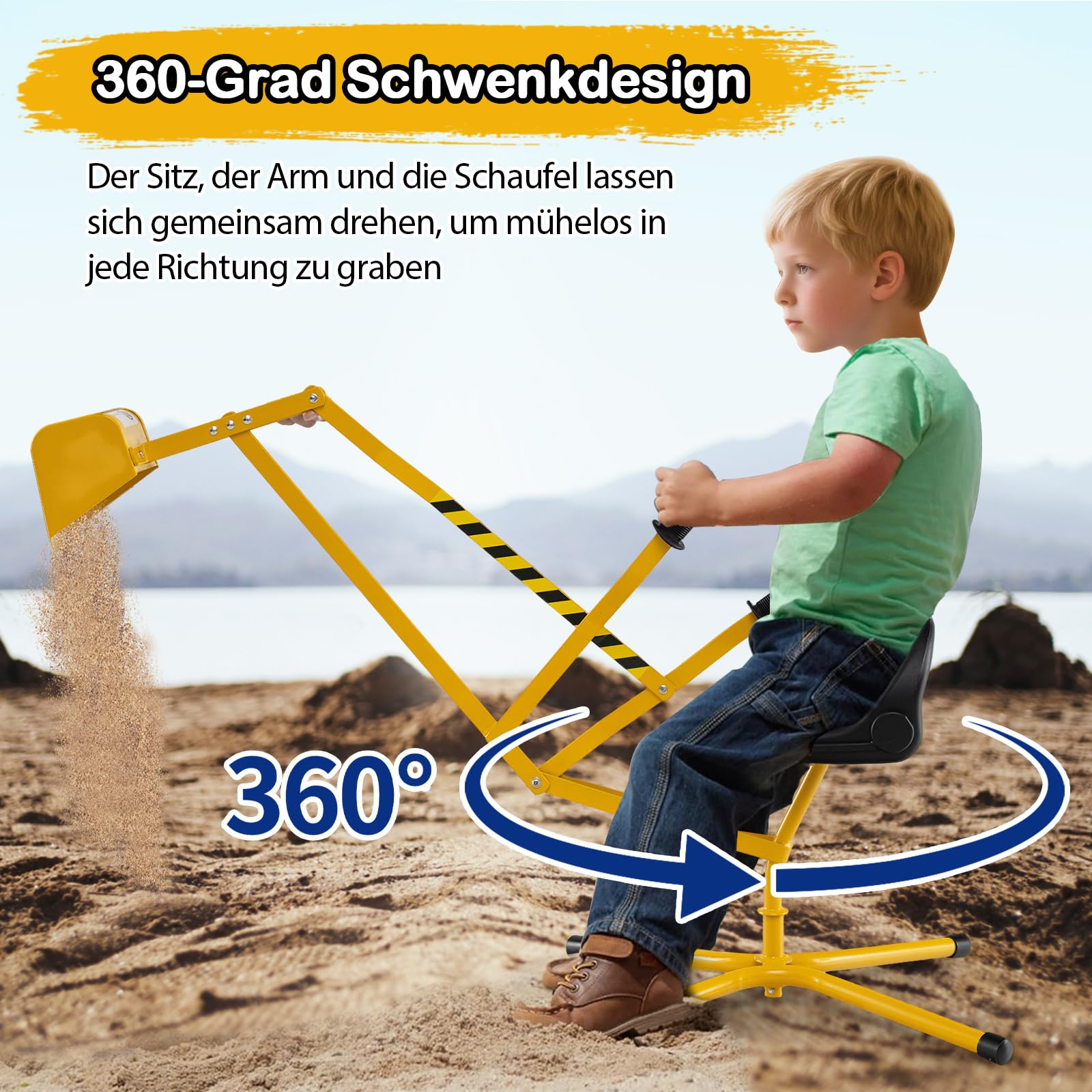 GOPLUS Koparka do siedzenia dla dzieci, obracana o 360°, koparka do piaskownicy, metalowa z cokołem i sterowaniem 2-ręcznym, do piasku, ziemi, śniegu, koparki do siedzenia w górze, dla dzieci od 3 lat