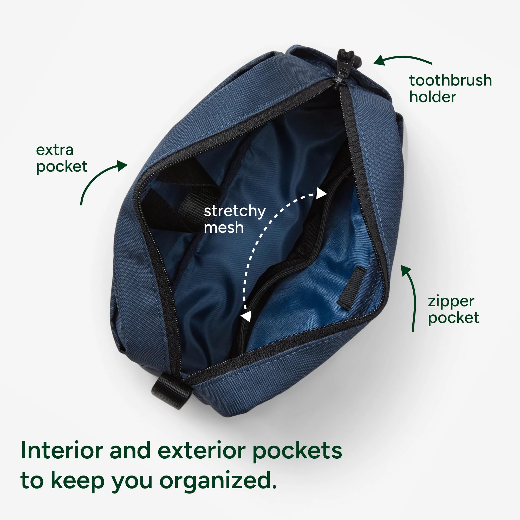 Sidecar - Kit de aseo – Kit de viaje compacto con bolsa impermeable, bolsillos de malla, soporte para cepillo de dientes y lazo para colgar – Organizador de neceser para hombres y mujeres, Azul