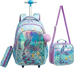 Mochila Rodinha Escolar Infantil de Lancheira e Estojo Lápis Ideal para Meninos e Meninas de 7 a 12 Anos (sereia02)