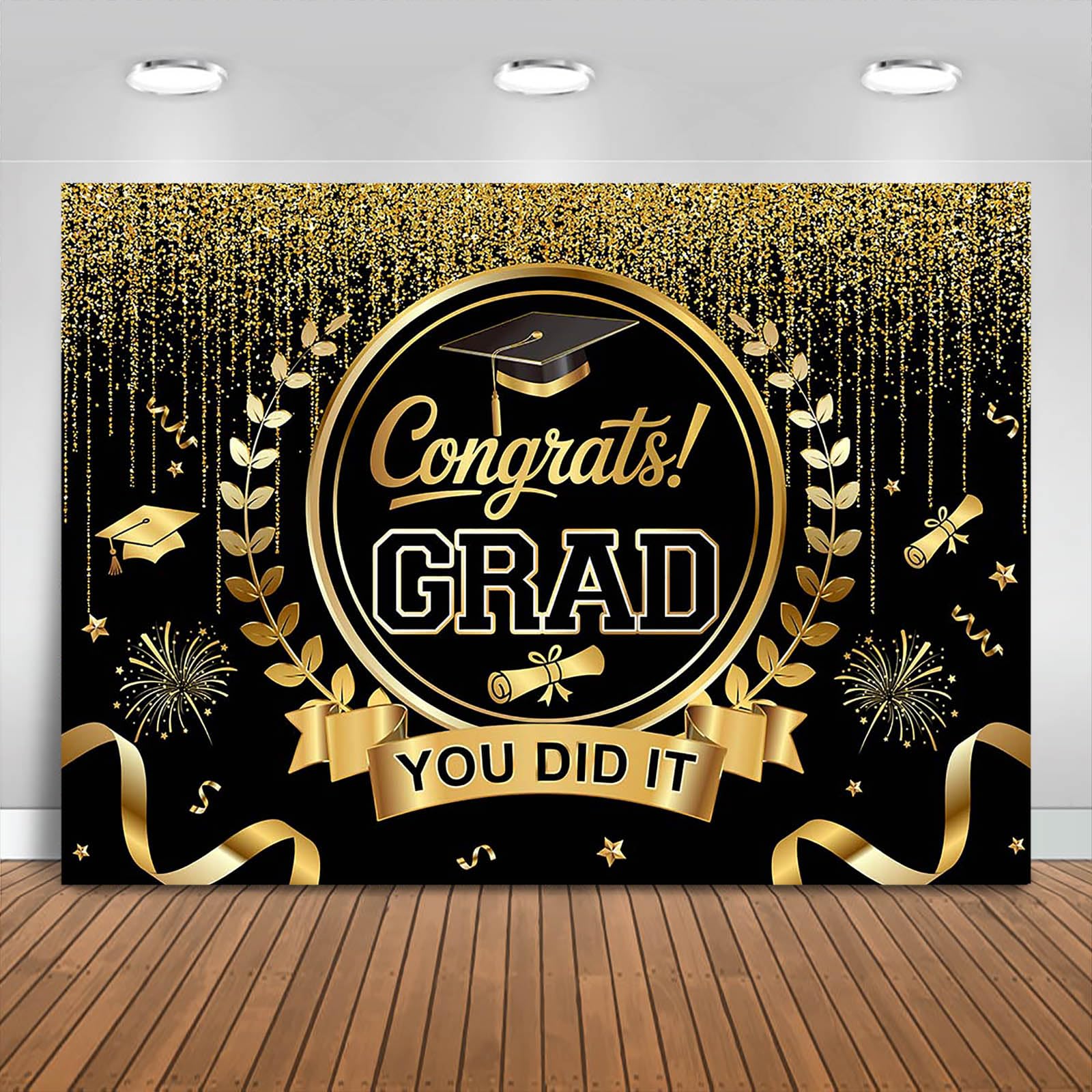 Graduation Backdrop Congrats Grad You Did It Party Decorations Background Congratulations Graduate Class of 2026 Banner Photo Booth Props (Black and Gold, 7x5ft)
