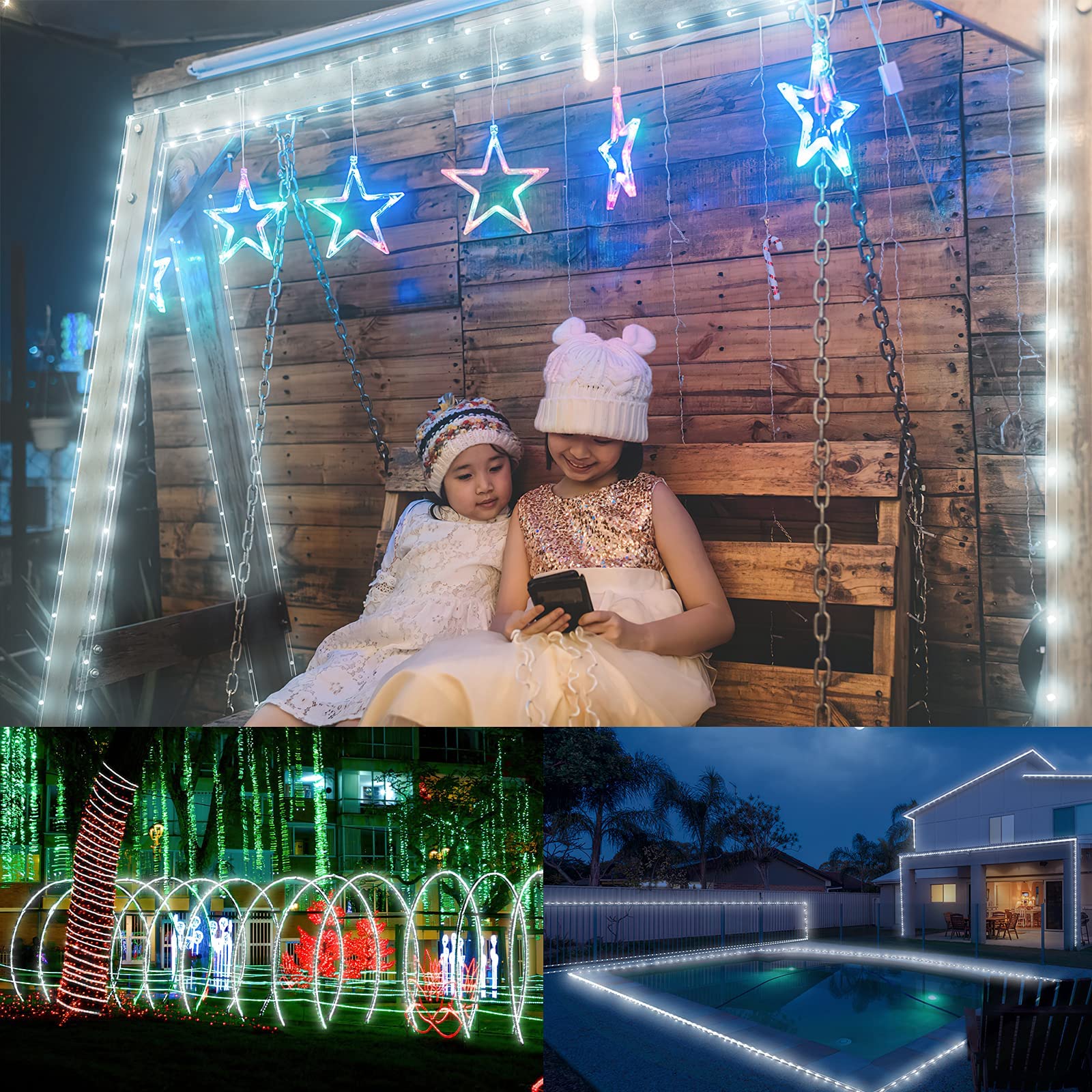 Tira de luces solares mejoradas para exteriores, 500 LED, 170 pies, 19 modos, luces solares y recargables por USB, con temporizador remoto, regulable, impermeable, para jardín, camping, camino